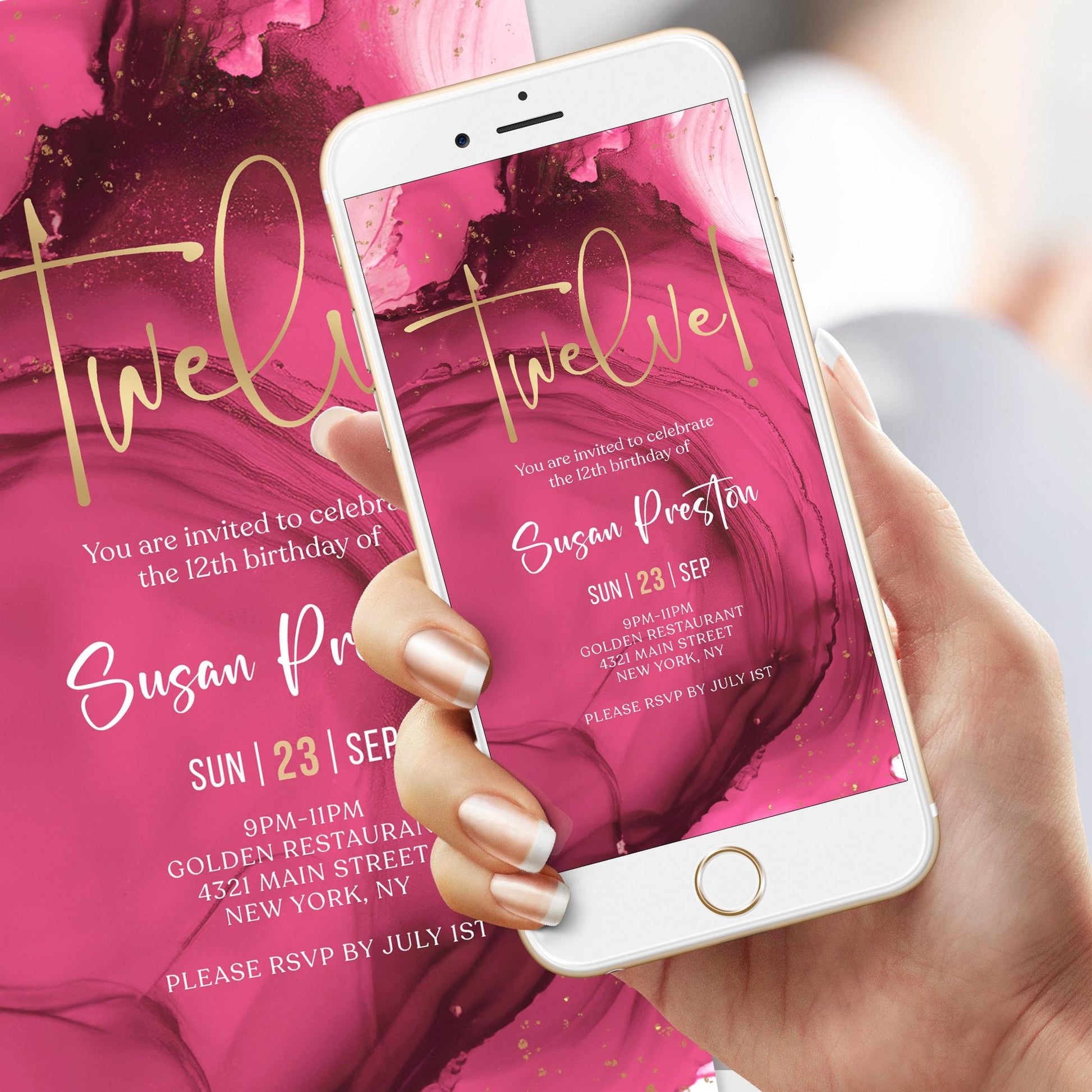 12th Birthday Invitation Template | Fuchsia Pink Gold | Editable Text Message Evite