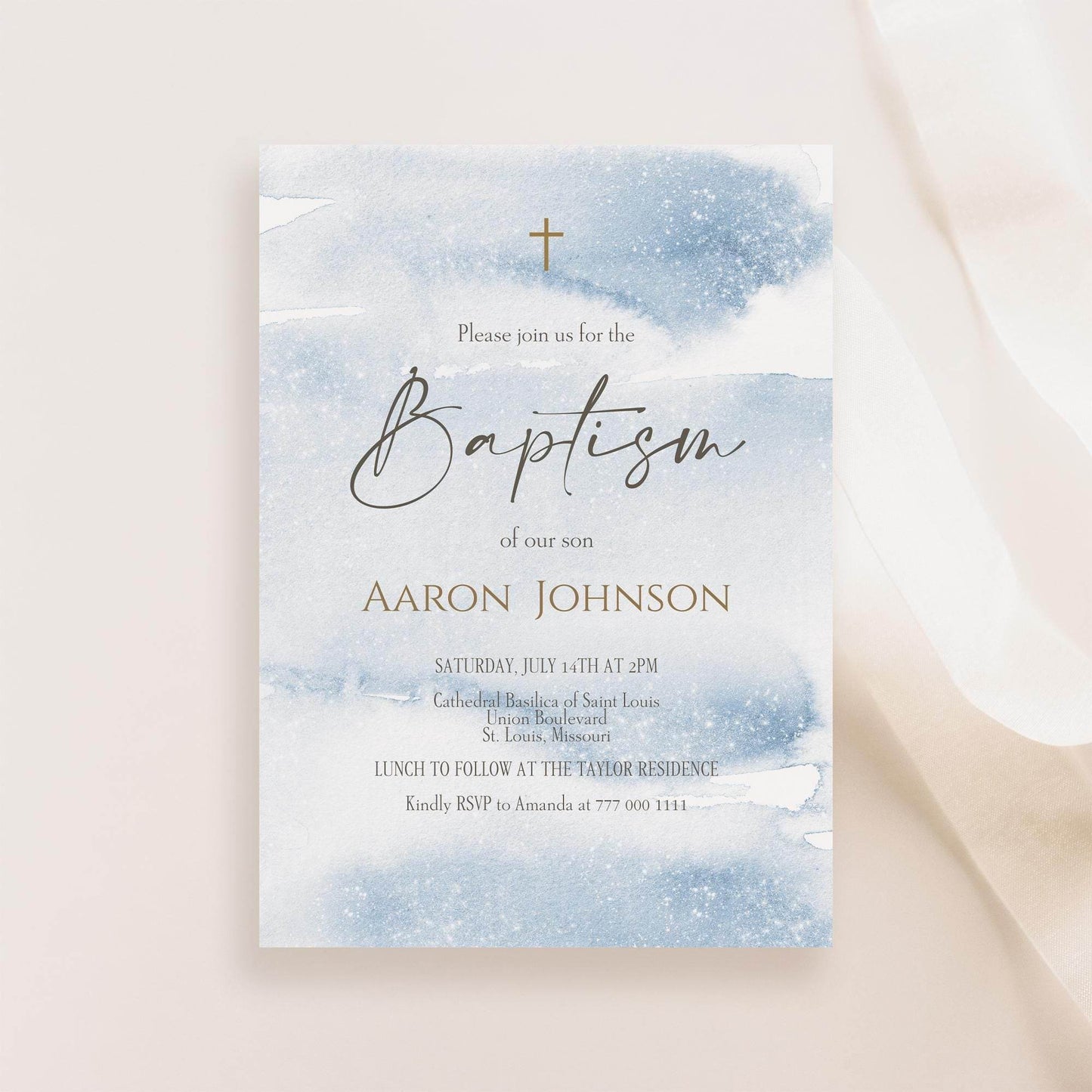 Boy Baptism Invitation Template Printable, Blue Watercolor Christening Invite, Editable Baptism Card, Email Text Message Digital Evite