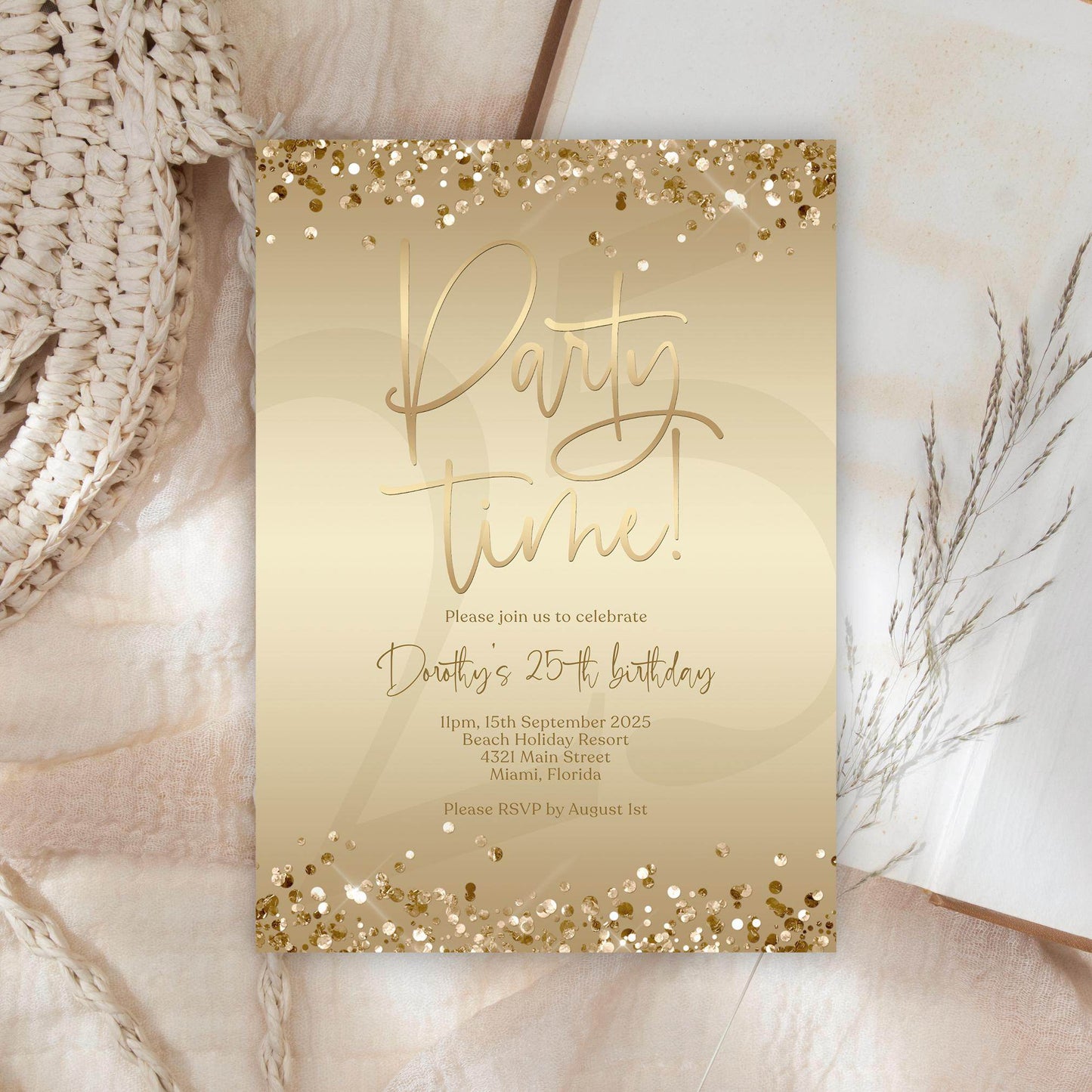Editable Gold Foil Birthday Invitation, Printable Party Time Invite, Gold Confetti Evite, Any Age Digital Text Message Invitation Template