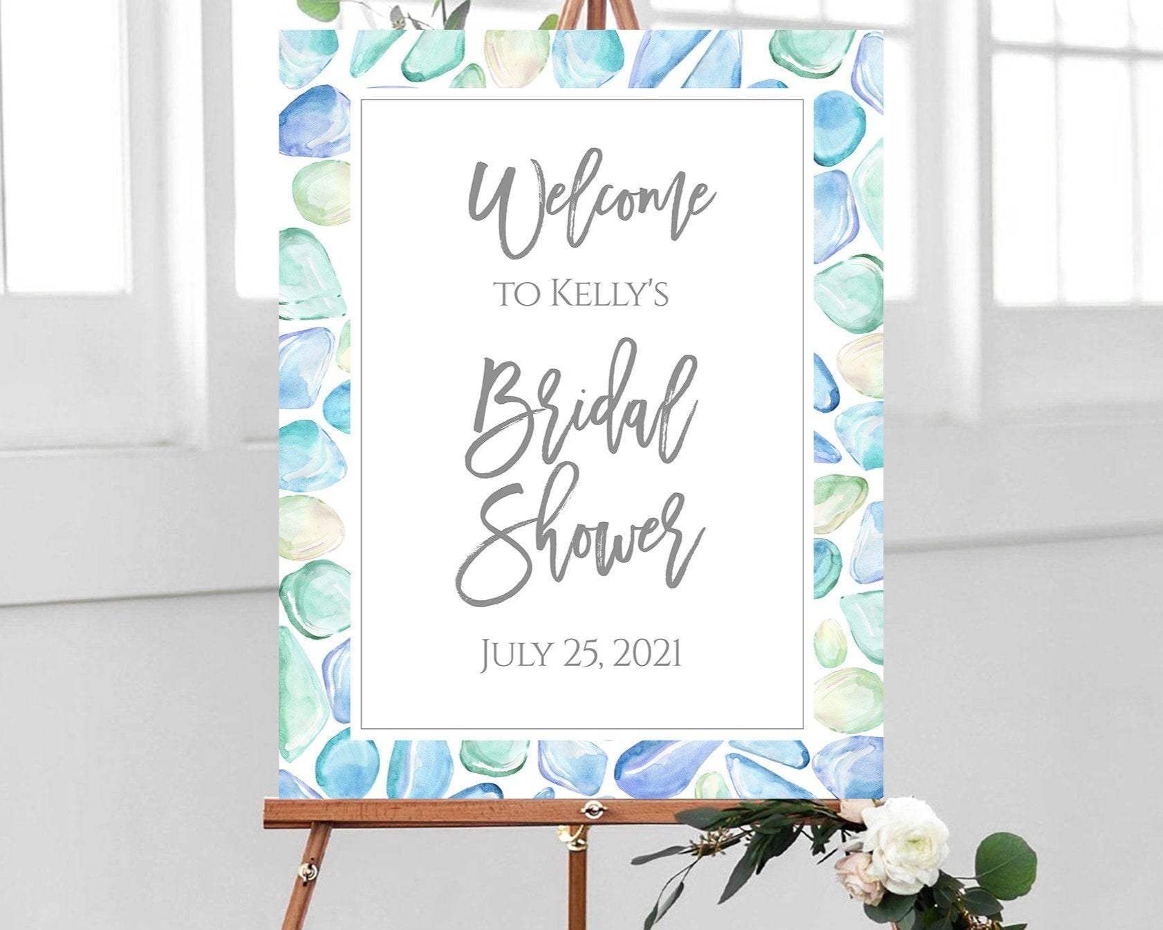 Watercolor Sea Glass Bridal Shower Welcome Sign, Editable Beach Bridal Shower Poster, Ocean-Themed DIY Printable Sign, Instant Download Template
