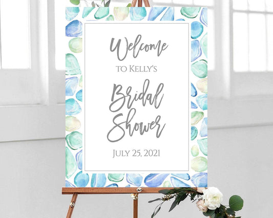 Watercolor Sea Glass Bridal Shower Welcome Sign, Editable Beach Bridal Shower Poster, Ocean-Themed DIY Printable Sign, Instant Download Template
