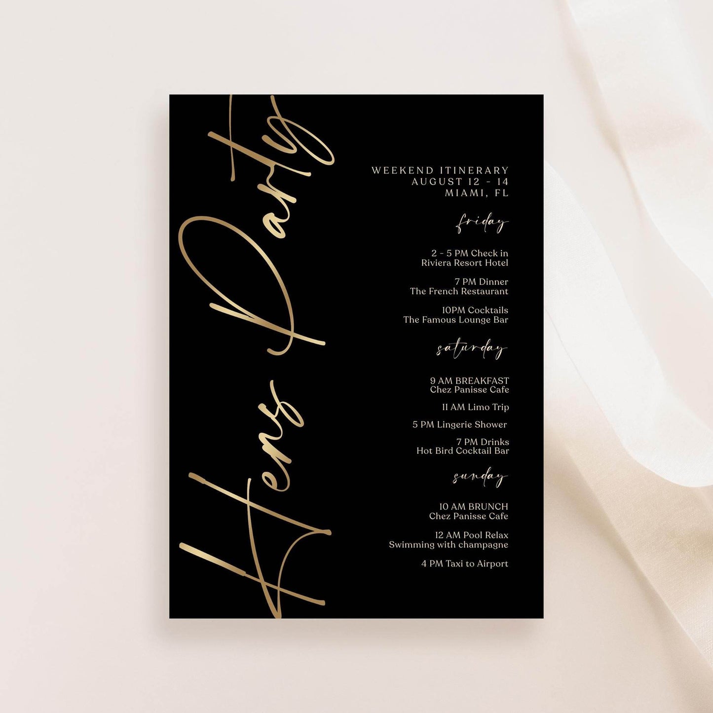 Editable Black Gold Hens Party Weekend Itinerary Template – Printable Bachelorette Weekend Schedule | Digital Event Planner | Instant Download