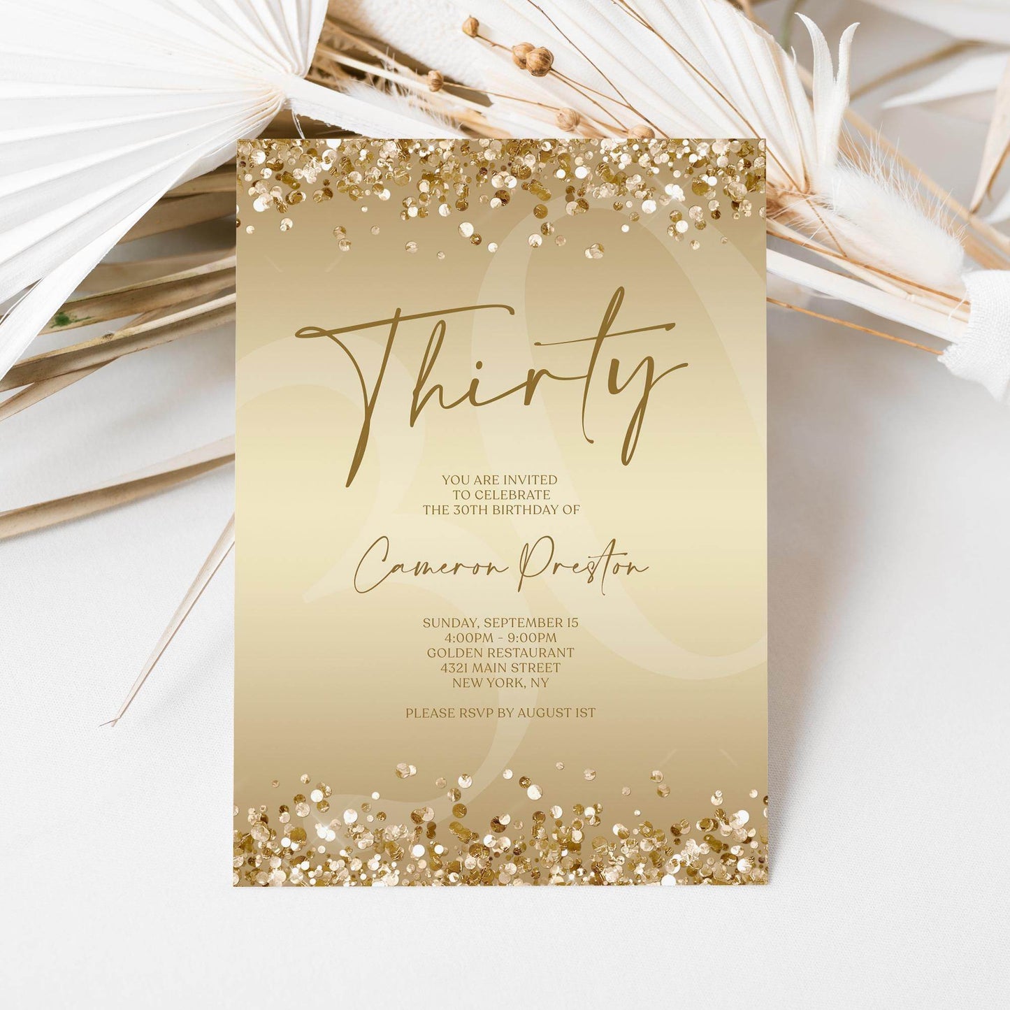 Gold Thirty 30th Invitation Template Printable, Editable Gold Confetti 30th Birthday Invite, Email Text Message, Ladies Surprise Party Card