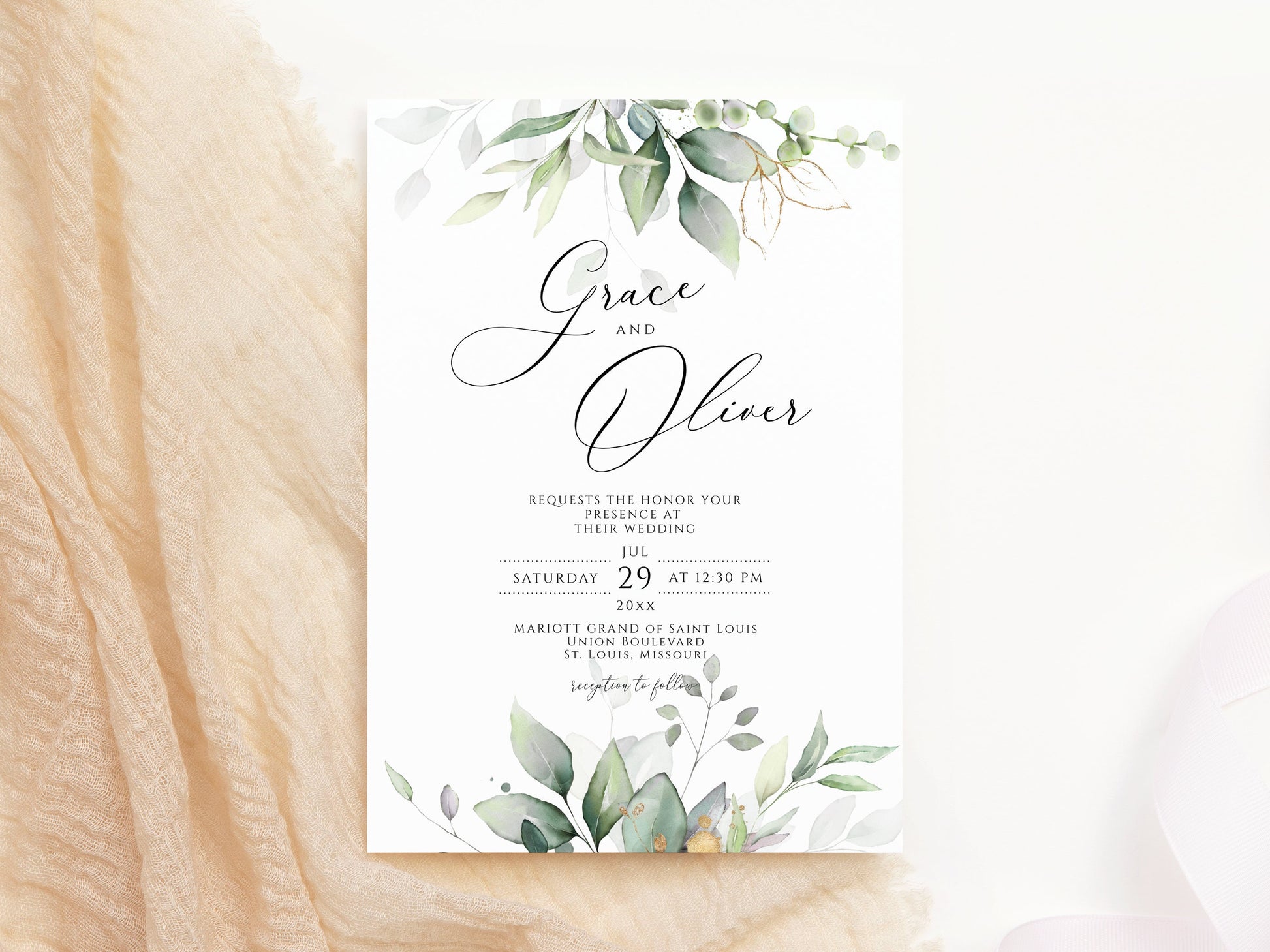 Elegant Greenery Wedding Invitation Template, Printable Wedding invite, Editable Wedding Invitation, Sage greenery invite template download