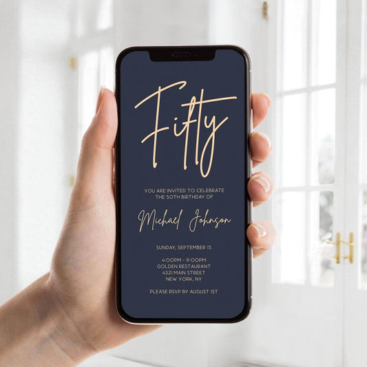 Navy Gold 50th Birthday Electronic Invitation Evite – Editable Phone Text Message Invite | Digital Email Men’s Birthday Template | Instant Download