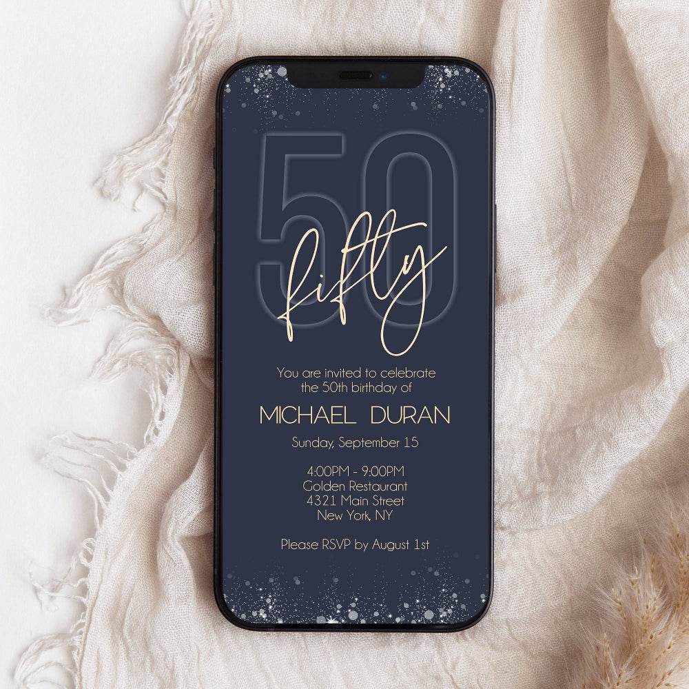 Navy Gold 50th Birthday Invitation Template, Editable Digital Phone Evite, SMS Text Message Invite for Men, Instant Download