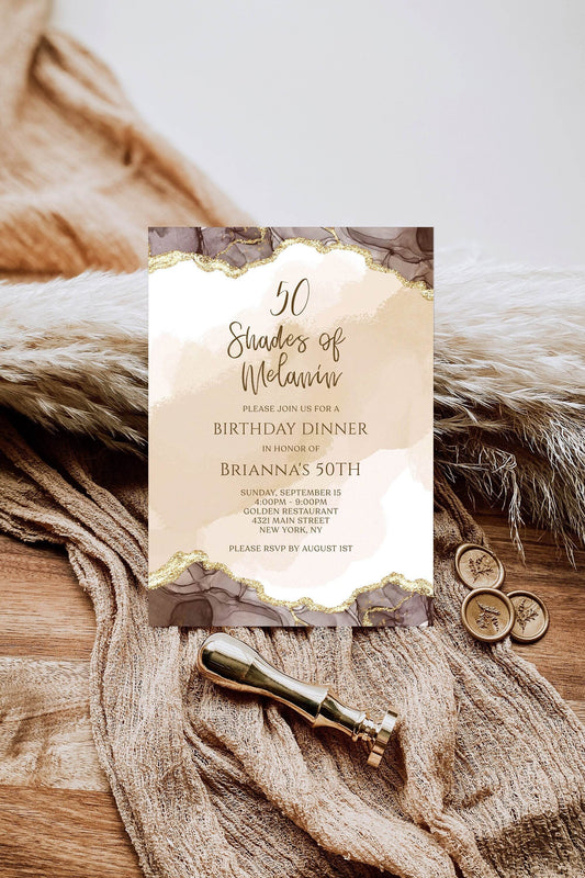 Editable Shades of Melanin Gold Birthday Dinner Invitation Template, Agate Invite, Printable Shade of Brown Invitation, Email Text Message