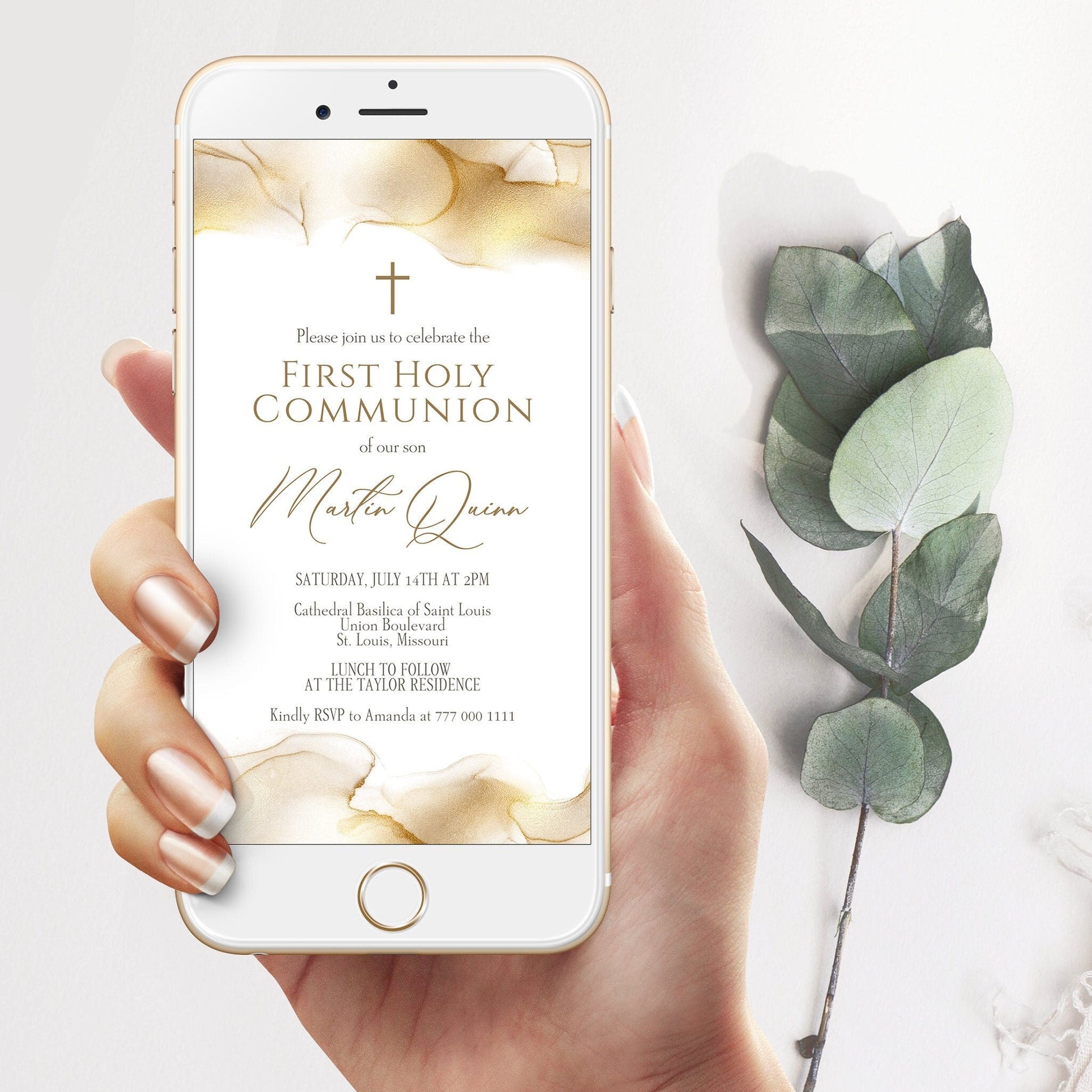 Gold Foil First Communion Invite, Baptism Evite, Christening Invitation Template, Digital Invitation, Text Message Invite, Instant Download