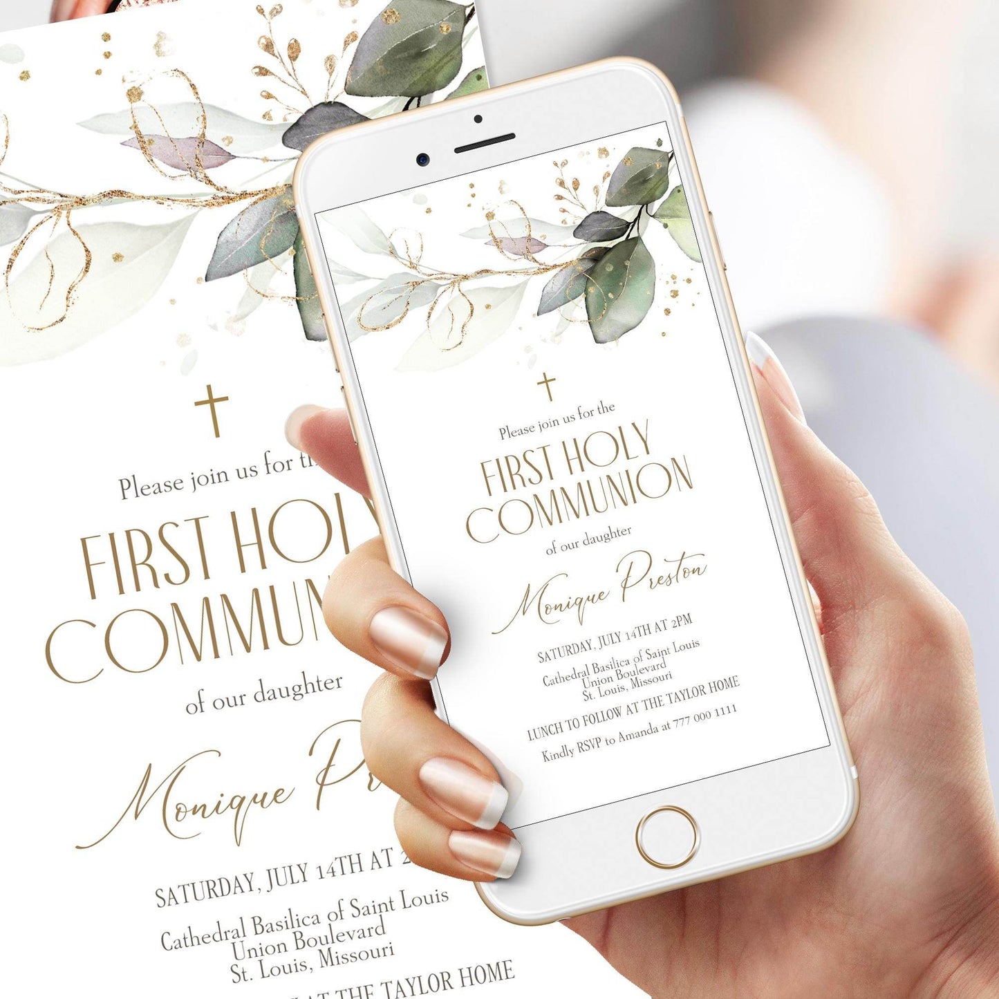 Greenery First Communion Invitation Template | Editable Digital First Holy Communion Evite | Boy or Girl Baptism Text Message Invite