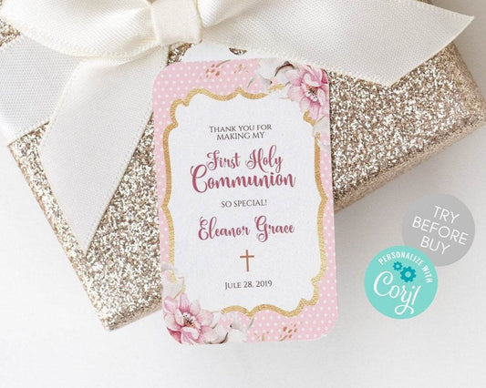 Thank You First Holy Communion Tag Template – Printable Girl Baptism Favor Tags | Floral Christening Tags | Editable Digital Instant Download