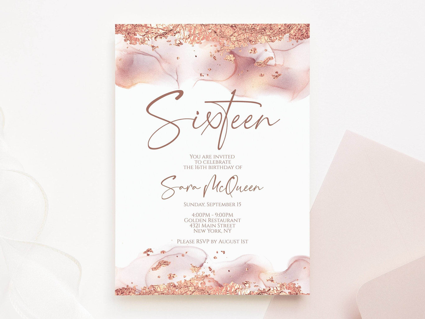 Printable 16th Birthday Invitation, Editable Rose Gold Foil Sweet Sixteen Invite, Blush Pink Birthday Template, Instant Digital Download