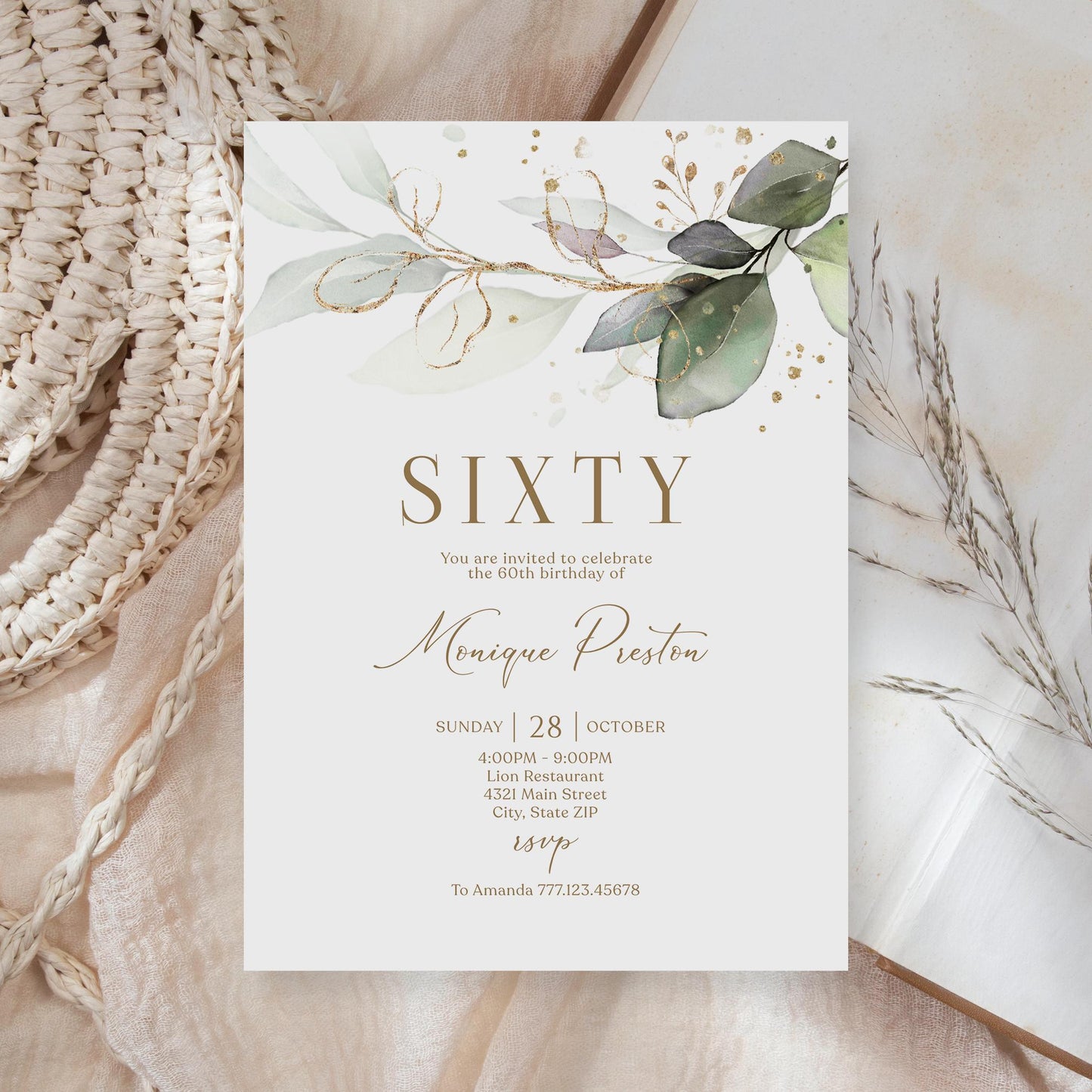 Editable Sixty 60th birthday Invitation Card Template, Printable Greenery Gold Leaves Birthday Invite, Digital Template, Email Text Message