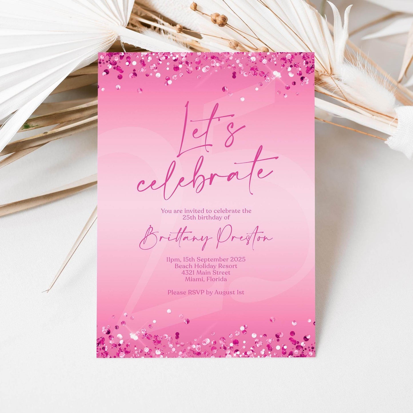 Fuchsia Pink Birthday Invitation Template, Editable Let’s Celebrate Party Evite, Digital Text Message Invite for Women, Any Age, Instant Download
