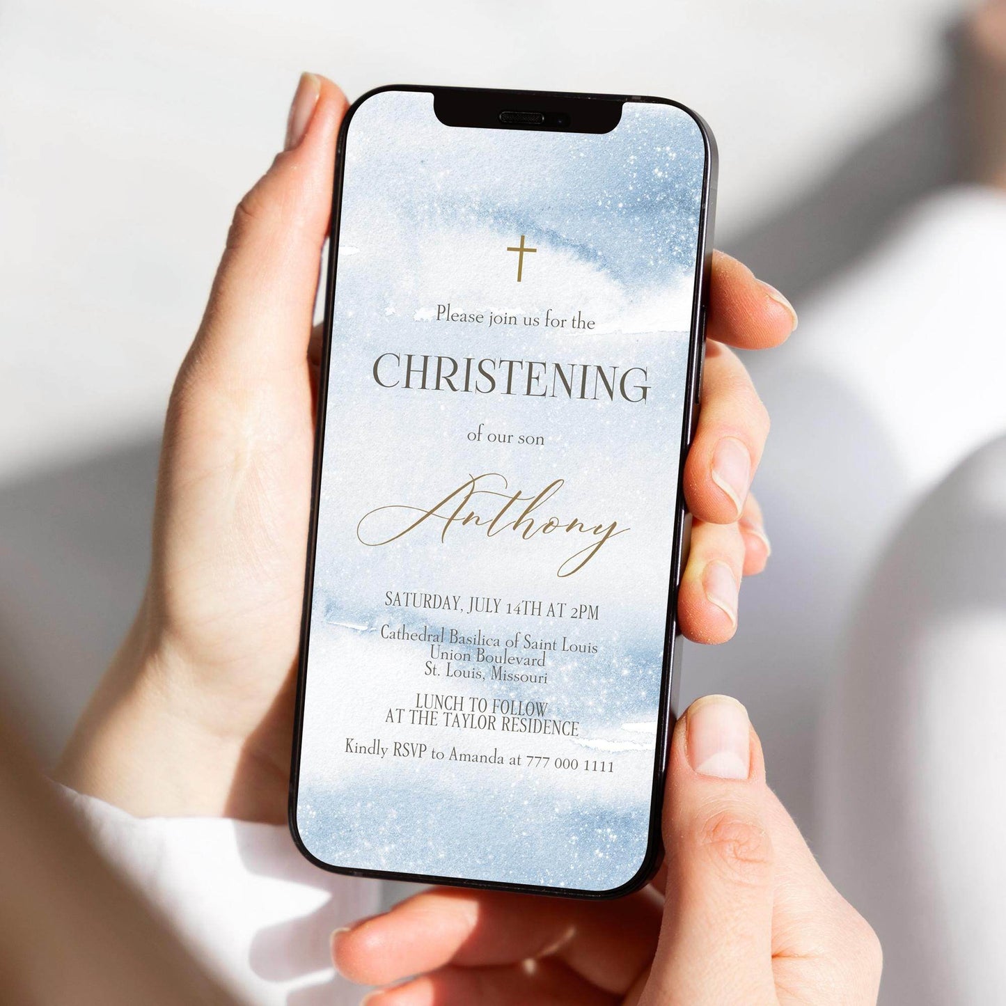 Boy Christening Invitation Template | Blue Watercolor Baptism Evite | Editable Digital Invite | Gold Christening Text Message Evite | Instant Download