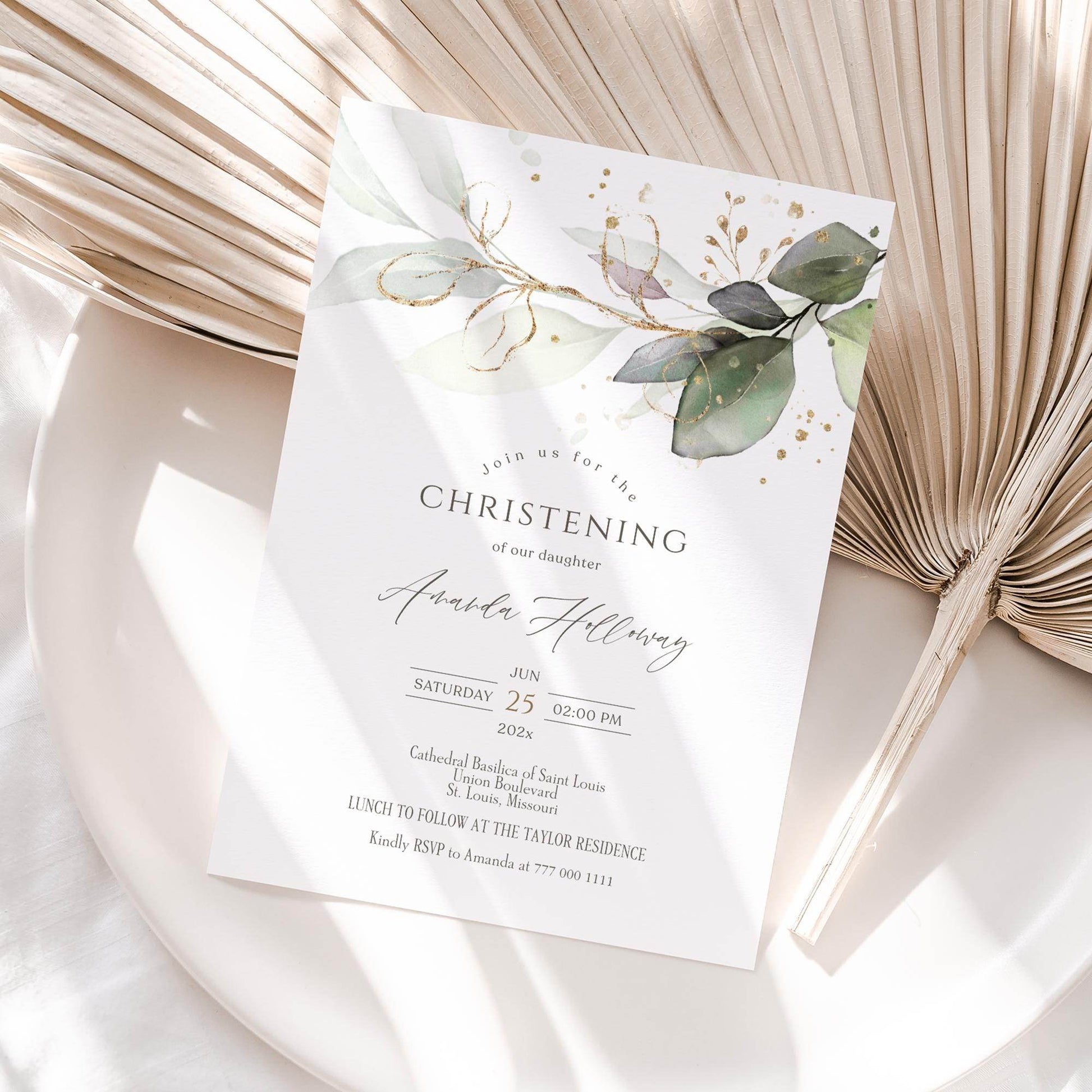 Editable Christening Invitation Card Template – Printable Greenery Eucalyptus Baptism Invite for Boy or Girl | Digital Download