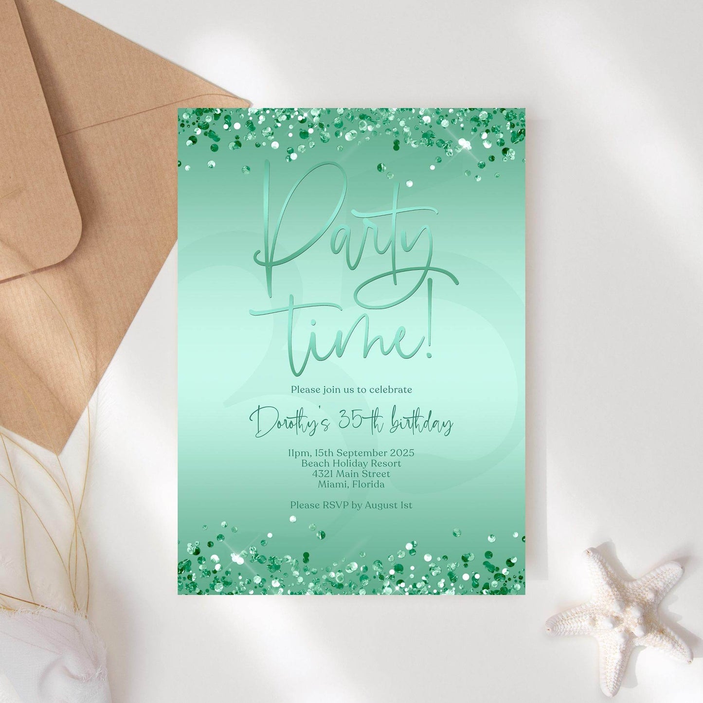 Editable Green Mint Party Invitation Template, Printable Confetti Party Time Invite, Any Age Birthday Email Text Message, Digital Download