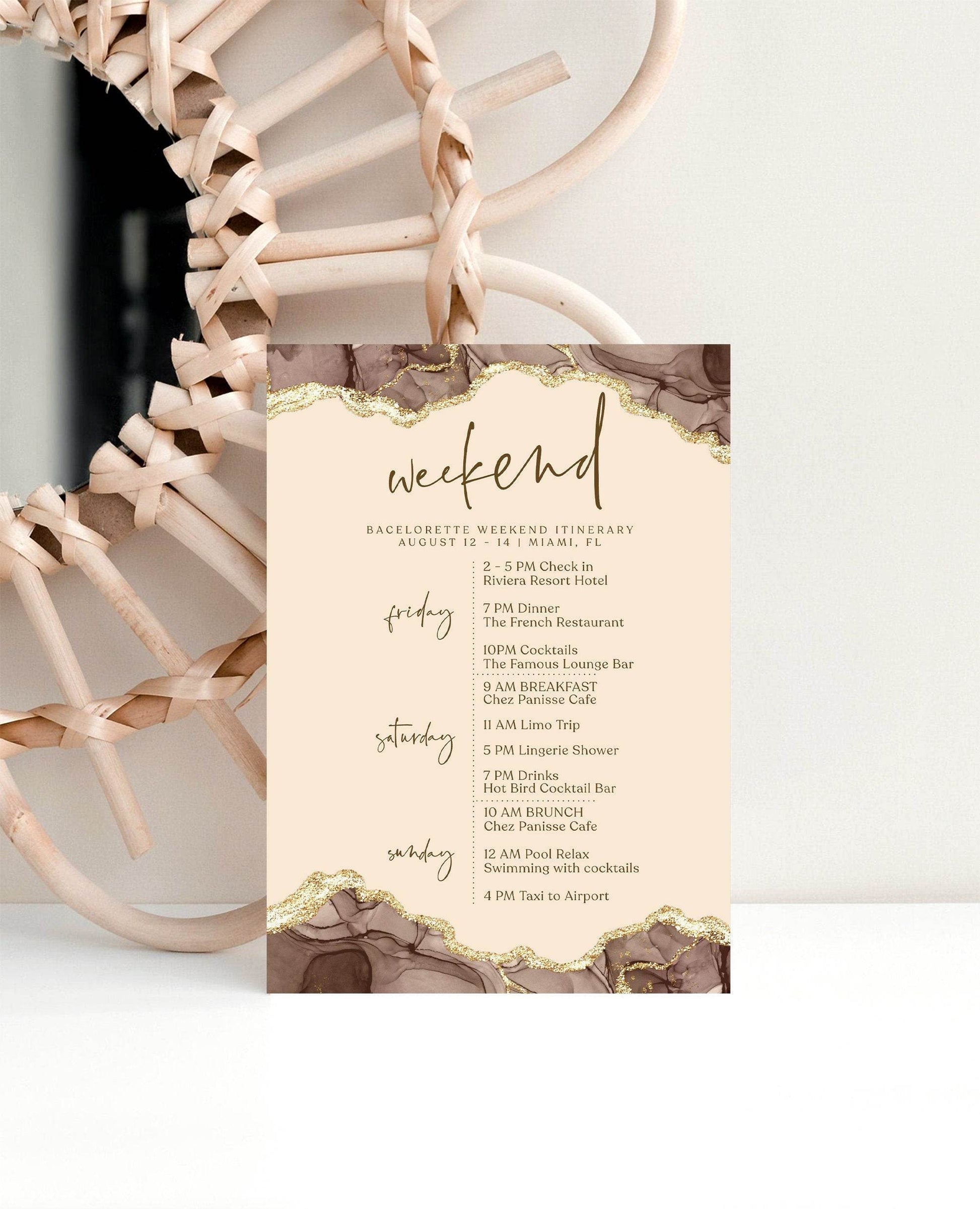 Printable Shades of Brown Weekend Itinerary Template, Editable Hen Party Bachelorette Schedule, Modern Birthday Weekend Invitation, Instant Download