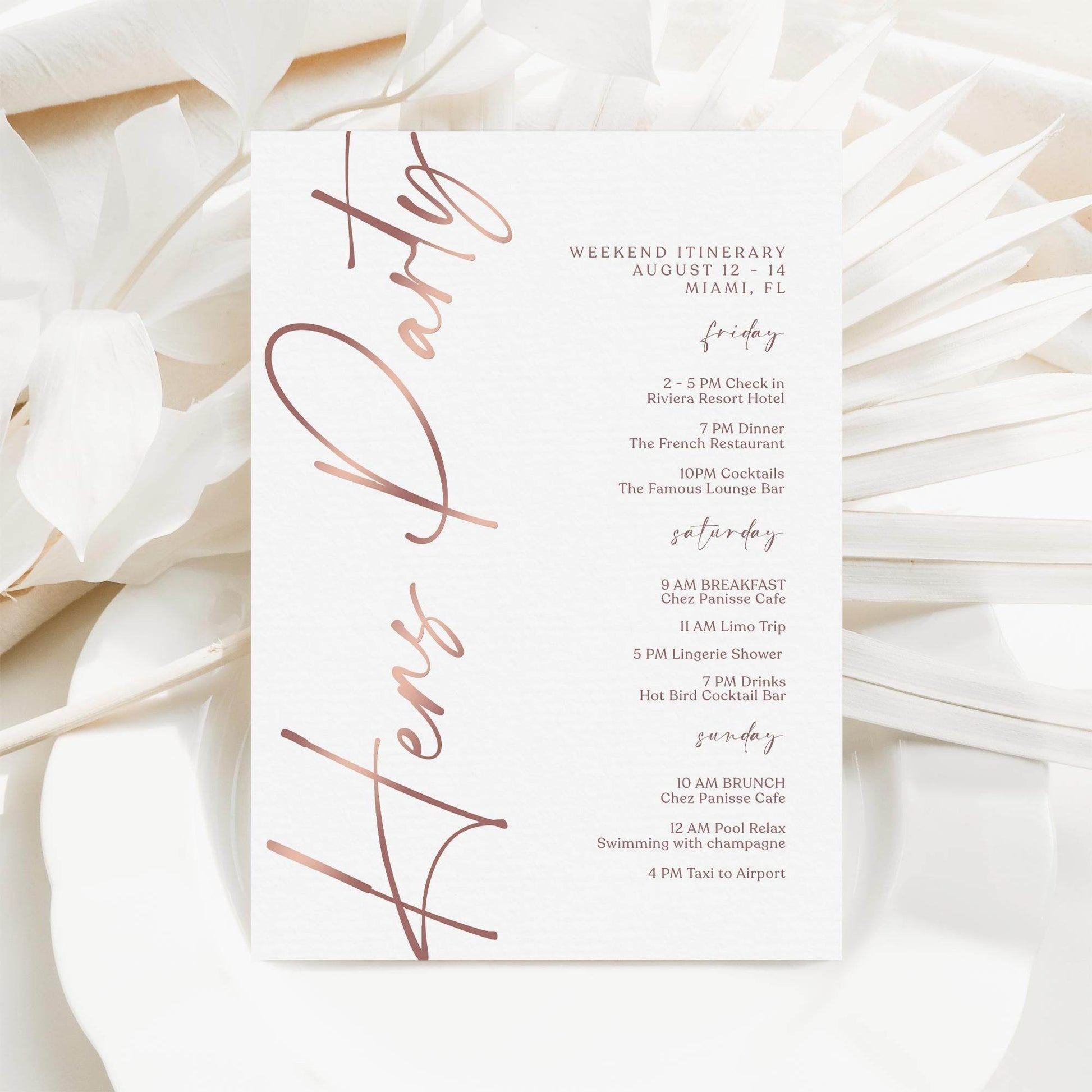 Editable Rose Gold Hens Party Weekend Itinerary Template – Printable Bachelorette Weekend Details Card | Digital Itinerary | Instant Download
