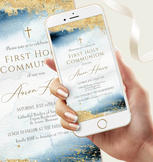 Digital Boy First Communion Invitation Evite Template, Electronic First Communion Invite, DIY Editable Boy Baptism Invitation Template Evite