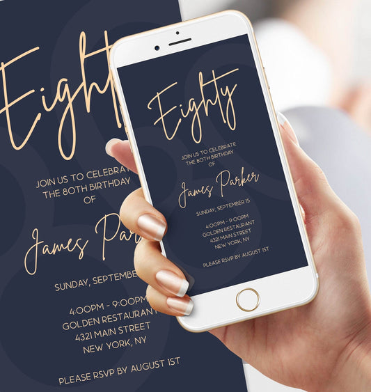 Navy Gold 80th Birthday Invitation Template, Digital Men’s Birthday Evite, Editable Text Message Invite, Electronic Eighty Invite