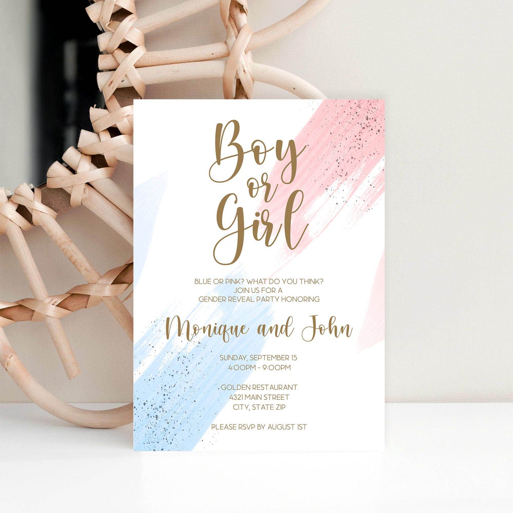 Boy or Girl Gender Reveal Invitation Template, Printable Pink and Blue Baby Shower Invite, He or She Editable Digital Invitation, Instant Download