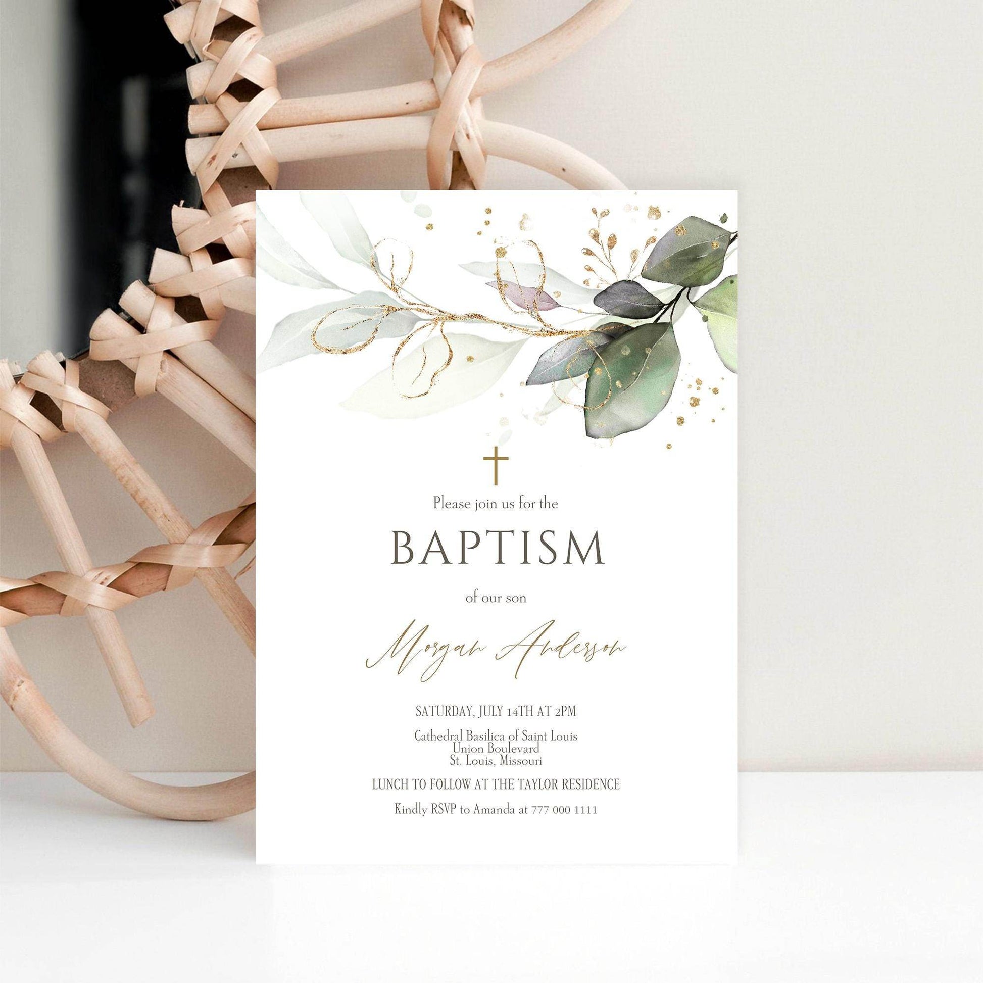 Baptism Invitation Template – Editable Greenery Christening Invite | Eucalyptus & Gold Leaves | Boy or Girl Printable Digital Download