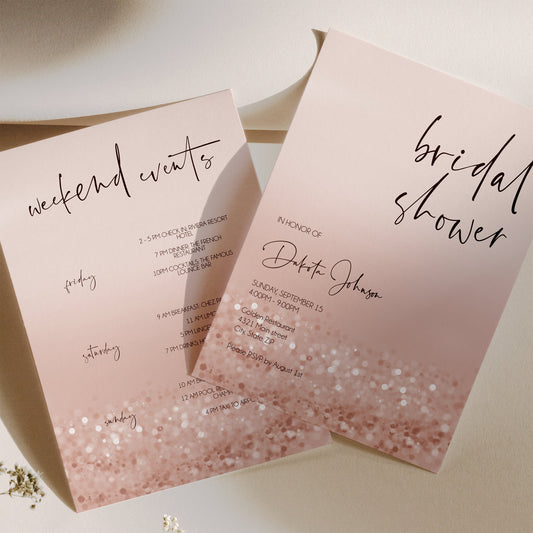 Printable Bridal Shower Invitation, Editable Bridal Shower Invite, Rose Gold Confetti Weekend Itinerary, Digital Template, Bachelorette