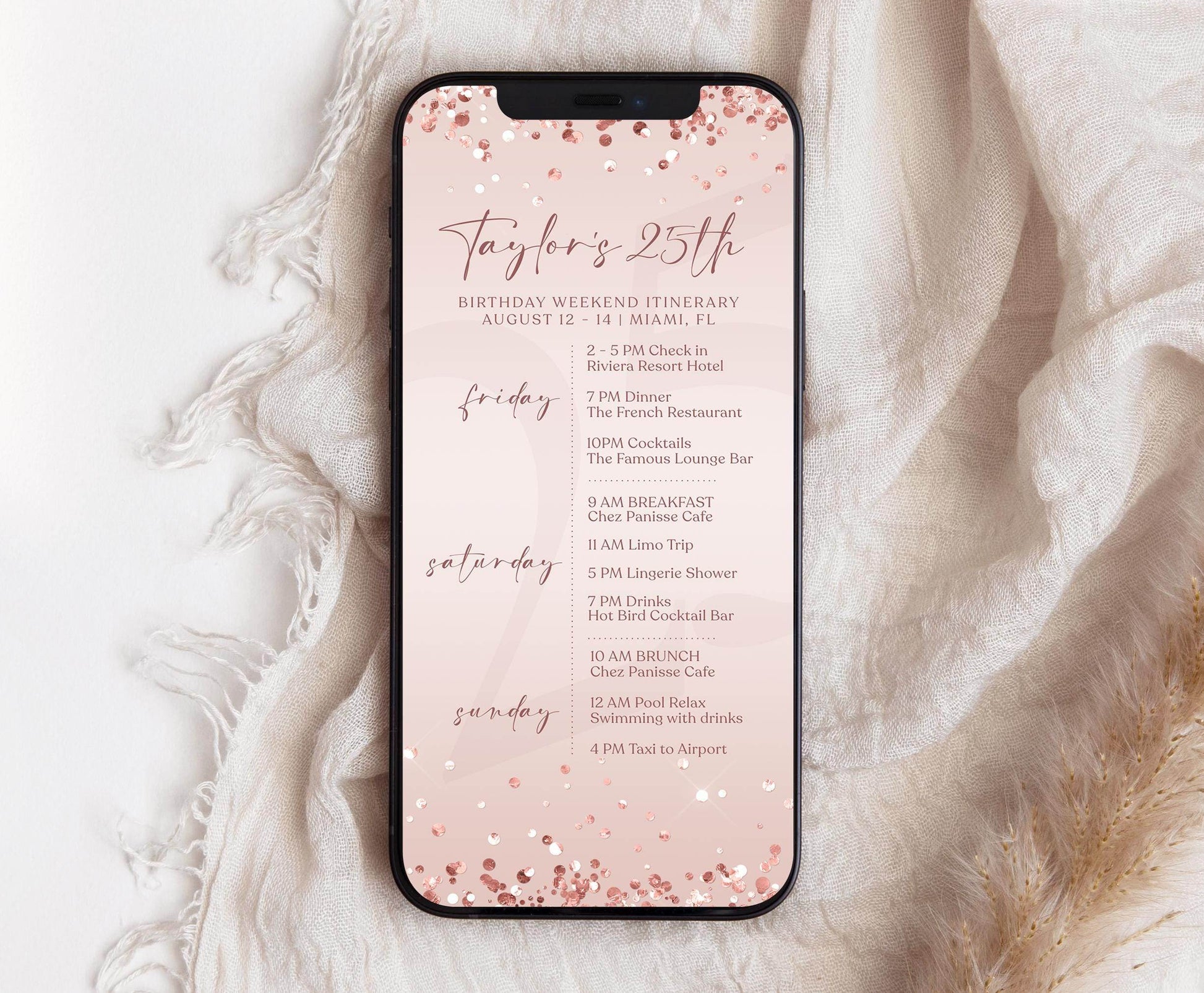 Electronic Birthday Weekend Itinerary Template, Editable Birthday Itinerary, Digital Birthday Weekend Schedule, Rose Gold Itinerary Invite