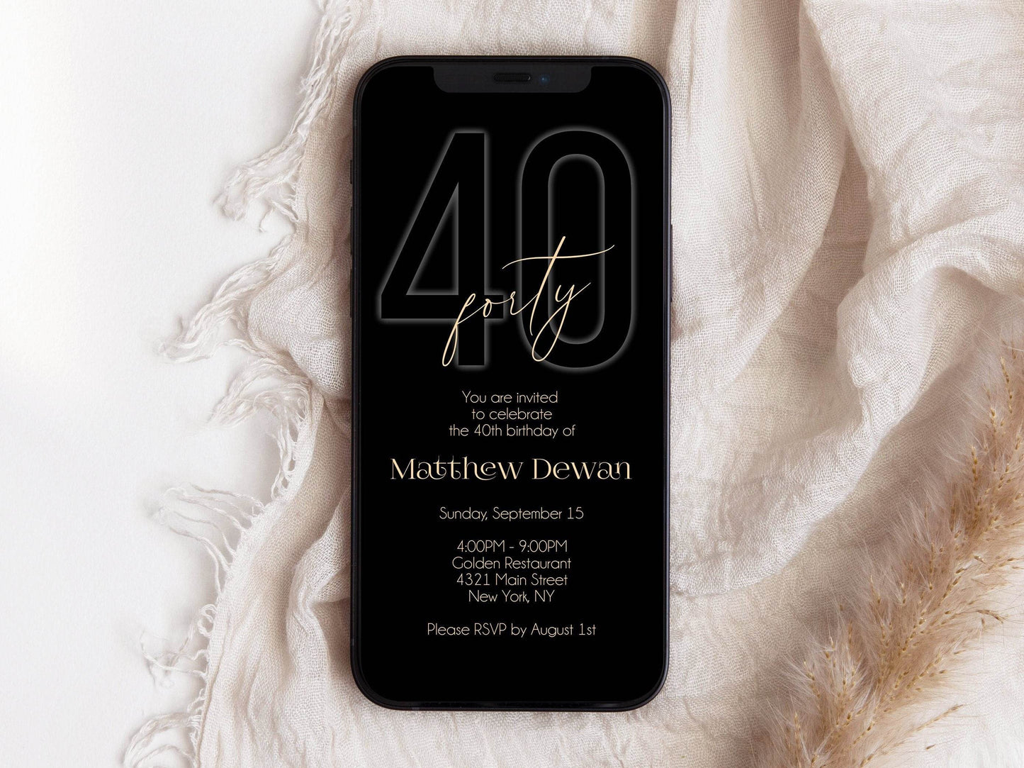 Black Gold 40th Birthday Invitation, Digital Editable Evite Template, Mens 40th Party Phone Text Message Invite
