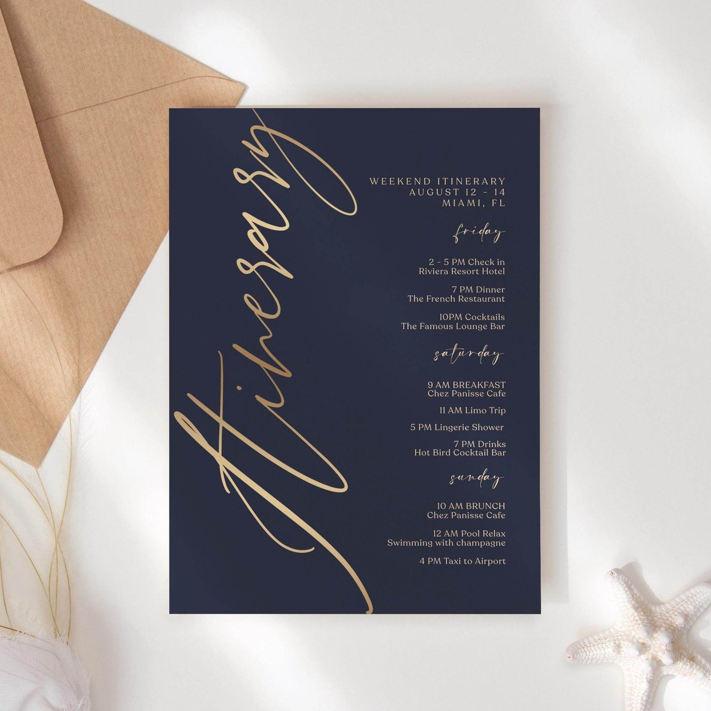 Navy Gold Weekend Itinerary Template, Editable Printable Birthday or Anniversary Weekend Schedule, Digital Events Itinerary, Instant Download, Email Text Message