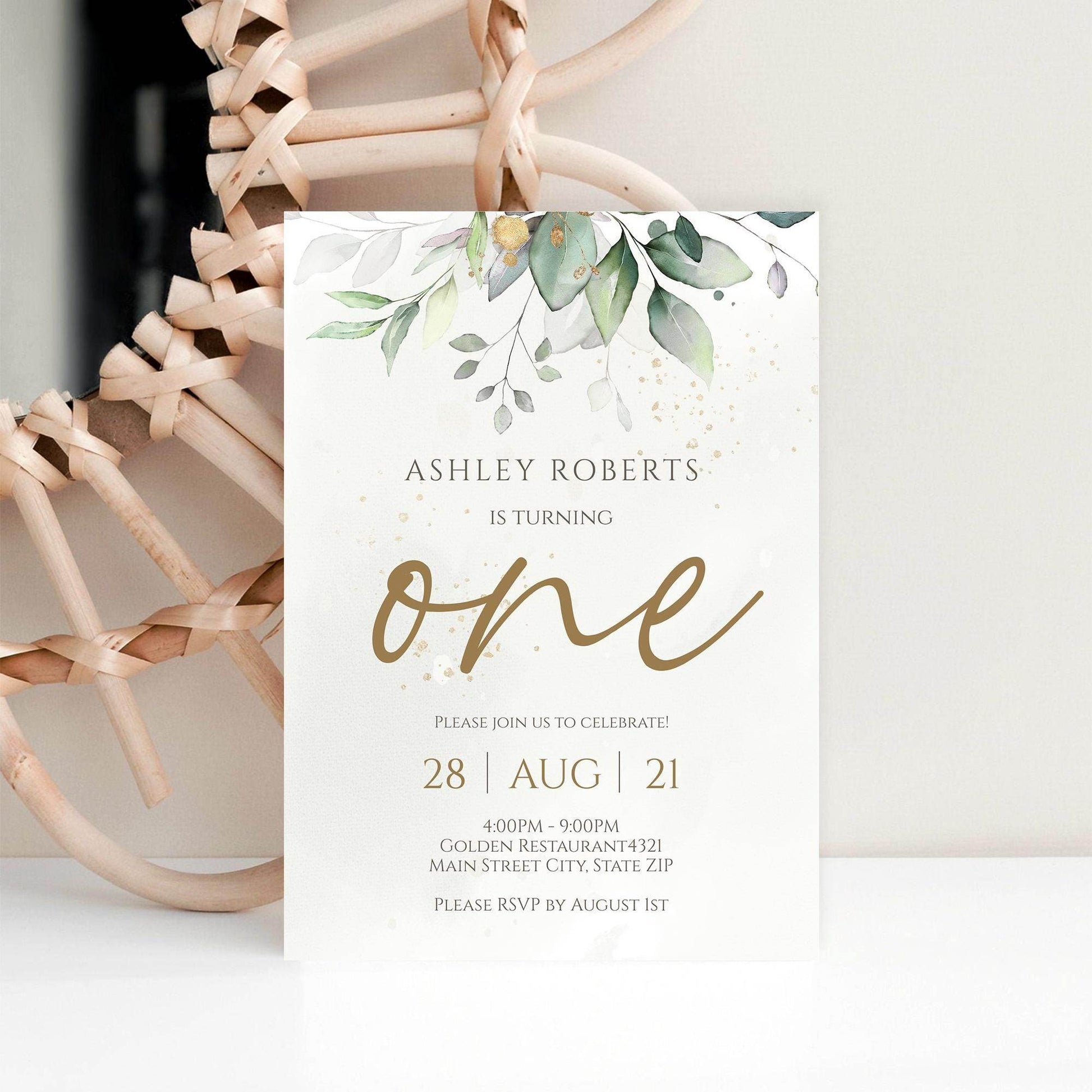 Baby One First Birthday Invitation Template, Editable Greenery Eucalyptus Boho Invite, Printable 1st Birthday Card, Instant Download