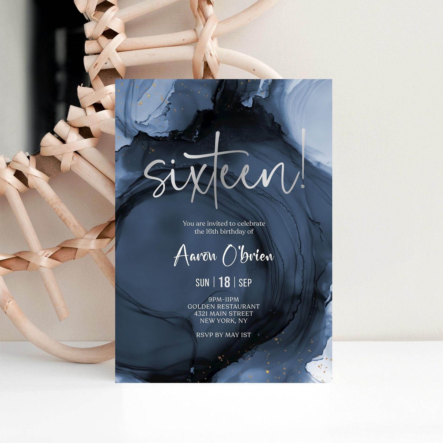 Blue Navy Silver 16th Sixteen Birthday Invitation Template, Printable Boy Birthday Party Invite, Editable Surprise Invite, Digital Download