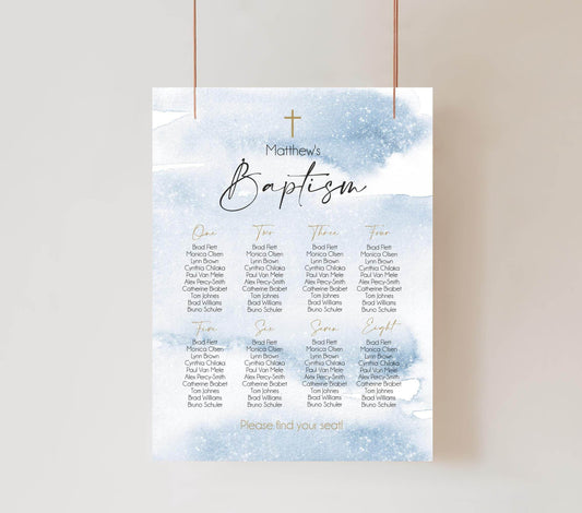 Baptism Seating Chart Sign Template, Blue Watercolor Editable Seating Chart, Table Seating Poster for Boy, Digital Download