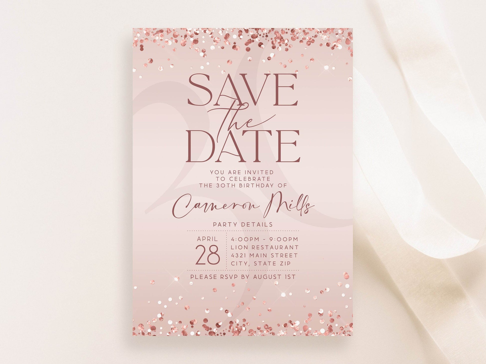 Editable Rose Gold Save the Date Birthday Invitation Template, Printable Save the Date Modern Invite, Email Text Message Evite Luxury Invite