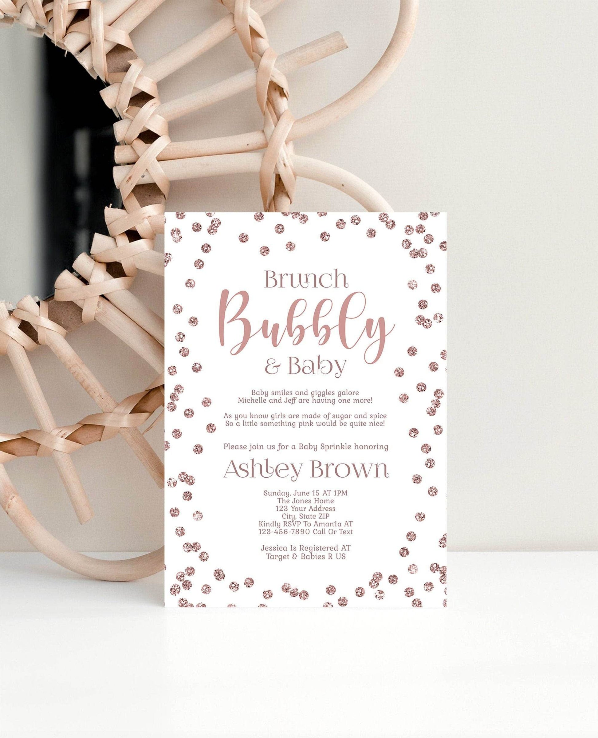 Baby Brunch & Bubbly Girl Invitation | Printable Rose Gold Glitter Baby Shower Brunch Invite | Editable Girl Baby Shower Template | Instant Download