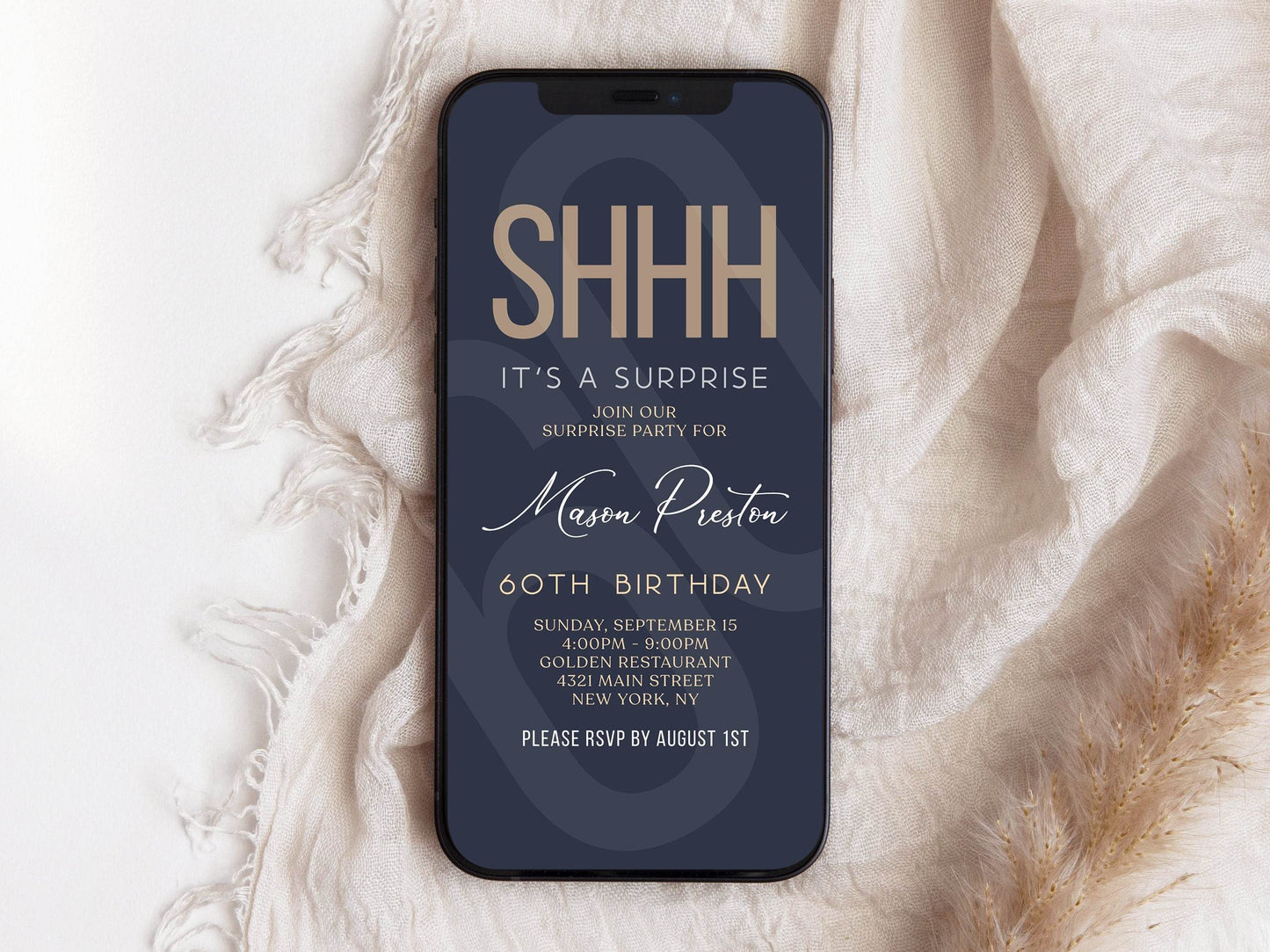 Digital Navy Gold 60th Sixty Shhh its a surprise, Electronic birthday invitation template, Editable Text Message Evite, Custom Phone Invite