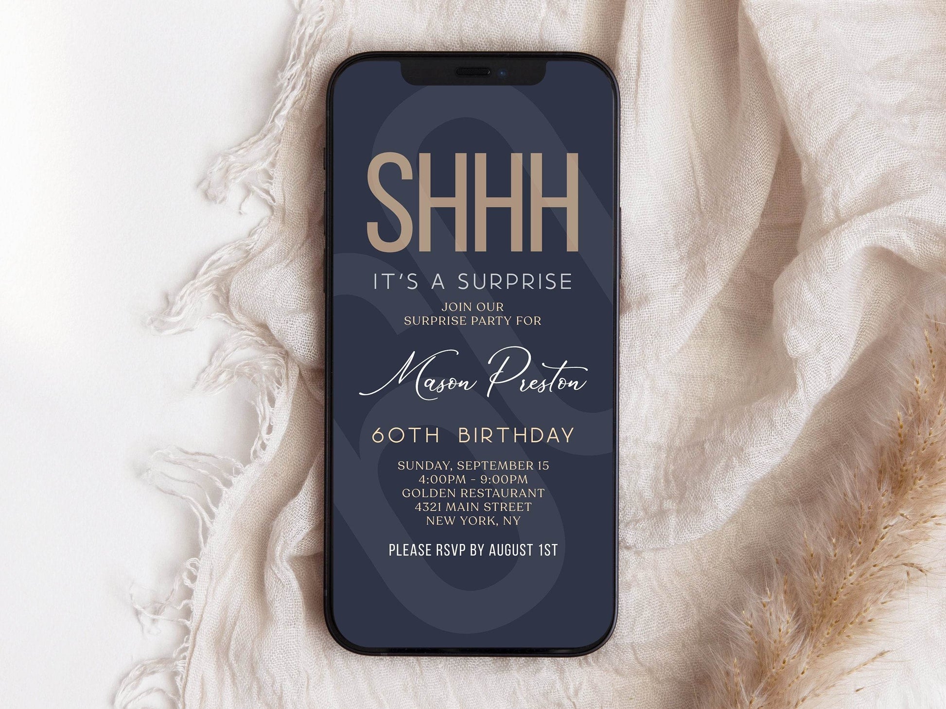 Digital Navy Gold 60th Sixty Shhh its a surprise, Electronic birthday invitation template, Editable Text Message Evite, Custom Phone Invite