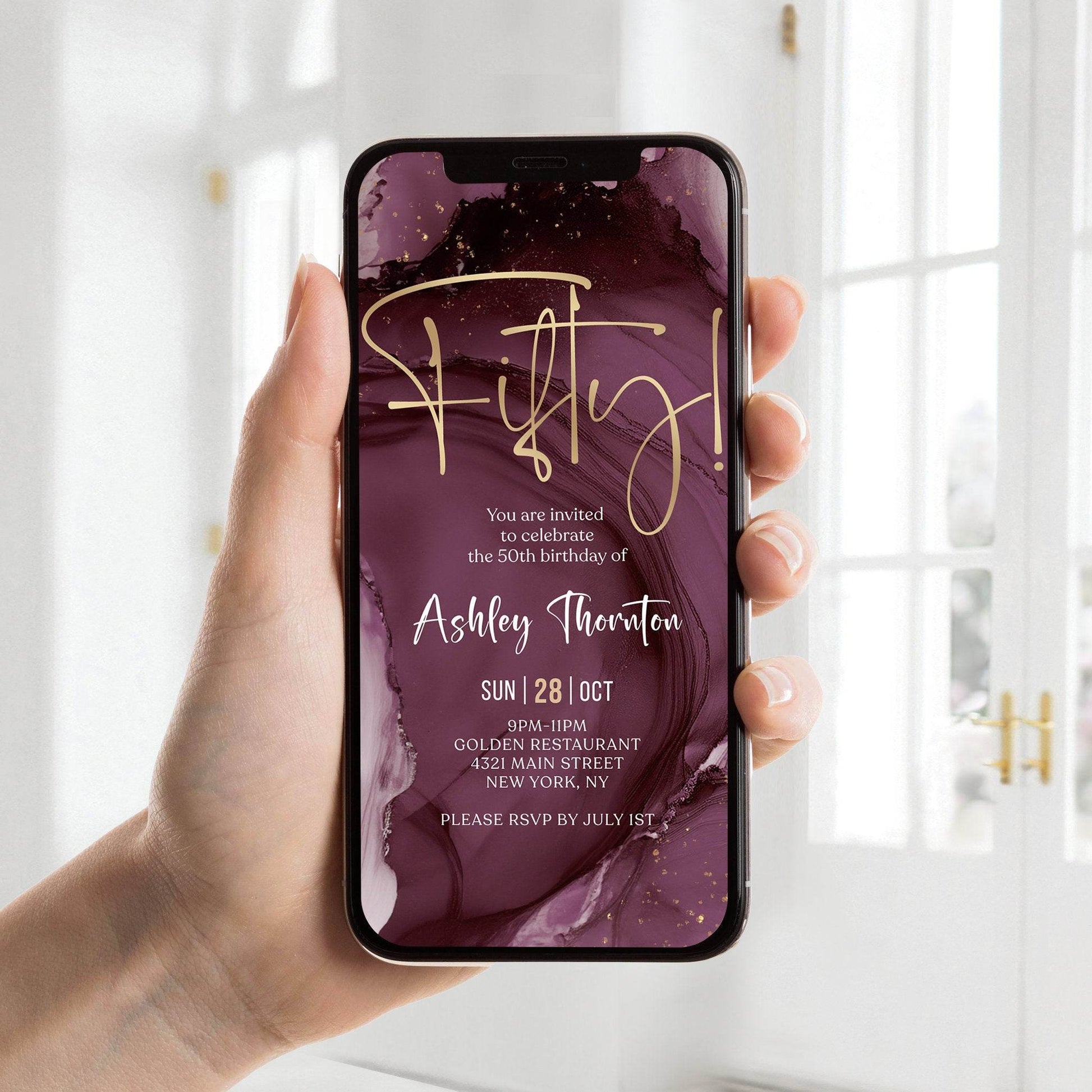 Purple Gold 50th Birthday Invitation Template, Digital Any Gender Electronic Invite, Self-Editable Text Message eCard, Instant Download Evite