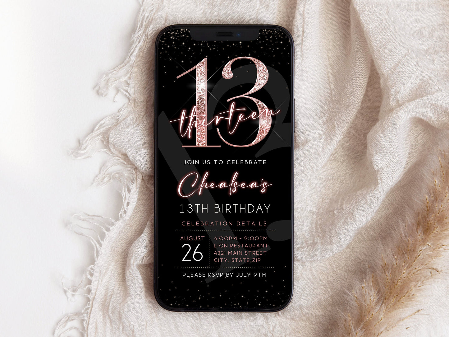 Digital 13th Thirteen Girl Birthday Electronic Invitation, Editable Invite, Text Message Evite, Custom Mobile Invitation, Digital Template