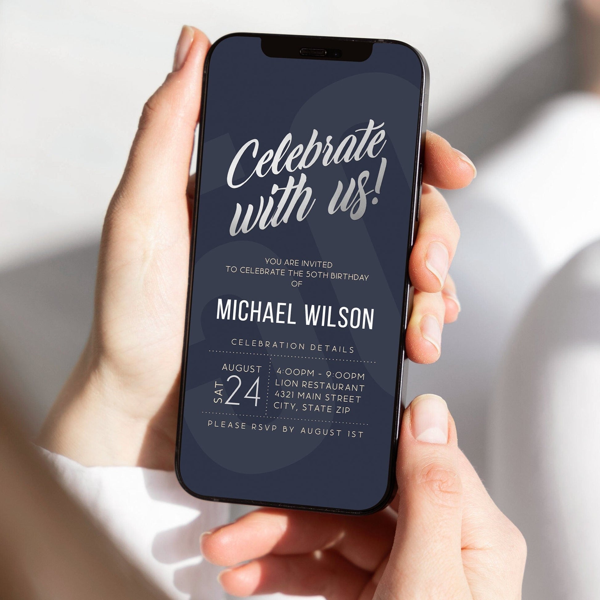 Silver Foil Party Invitation Template, Editable Text Message Invitation, Digital Download, DIY Navy Silver Evite, Electronic Birthday Invite