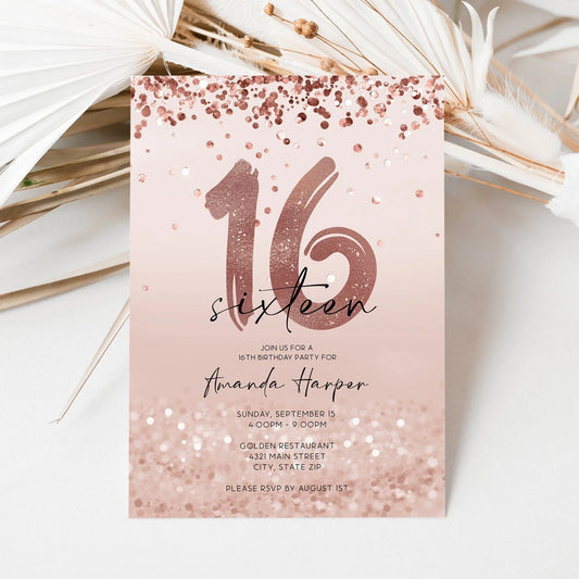Printable 16th Sixteen Birthday Invitation Template, Rose Gold Foil Confetti Girl Party Editable Invite, Digital Evite, Email Text Message