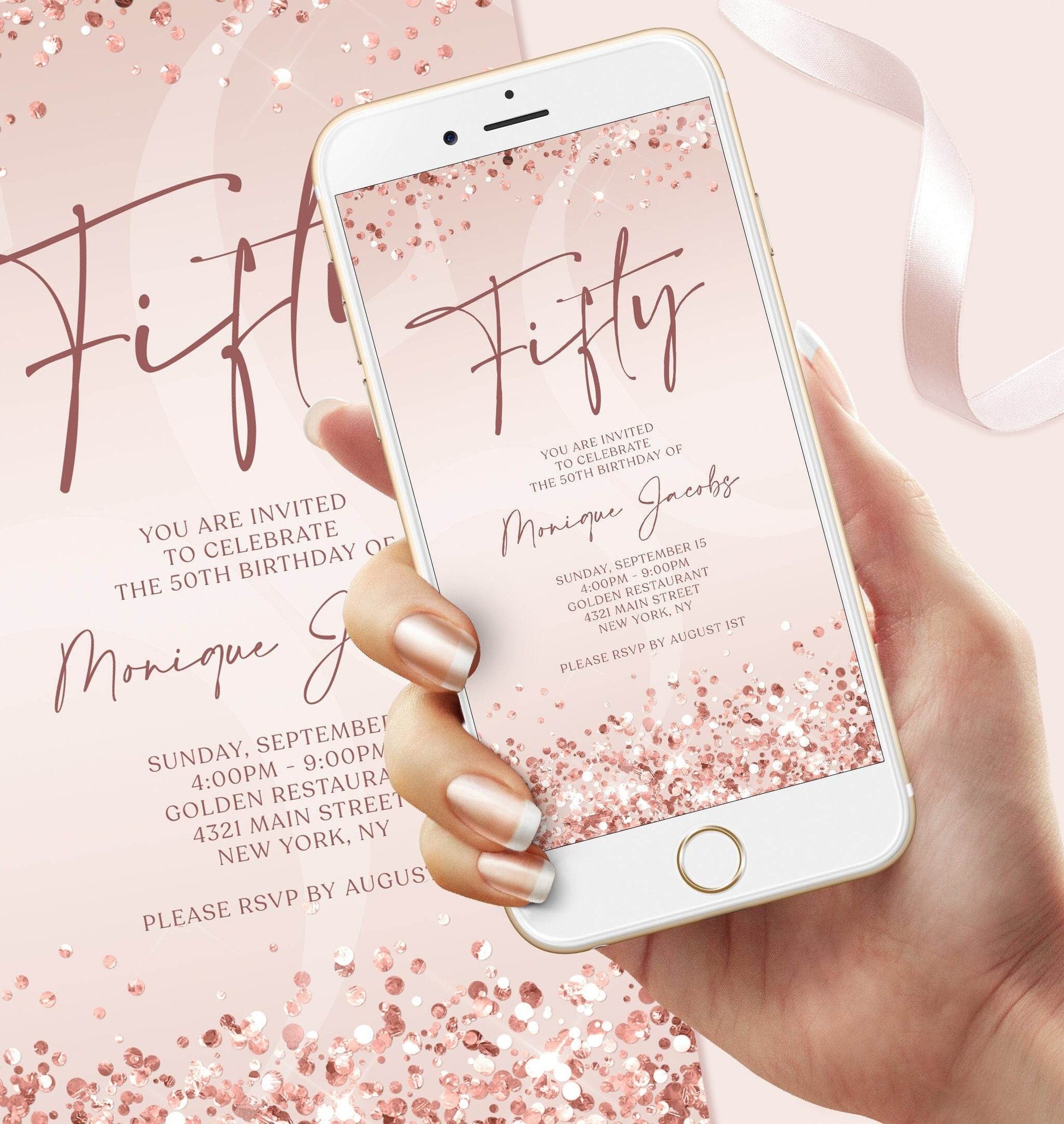 Rose Gold Fifty 50th Invite Digital Template, Electronic Pink Birthday Evite, Digital Rose Gold Invitation, Editable Text Message Invite