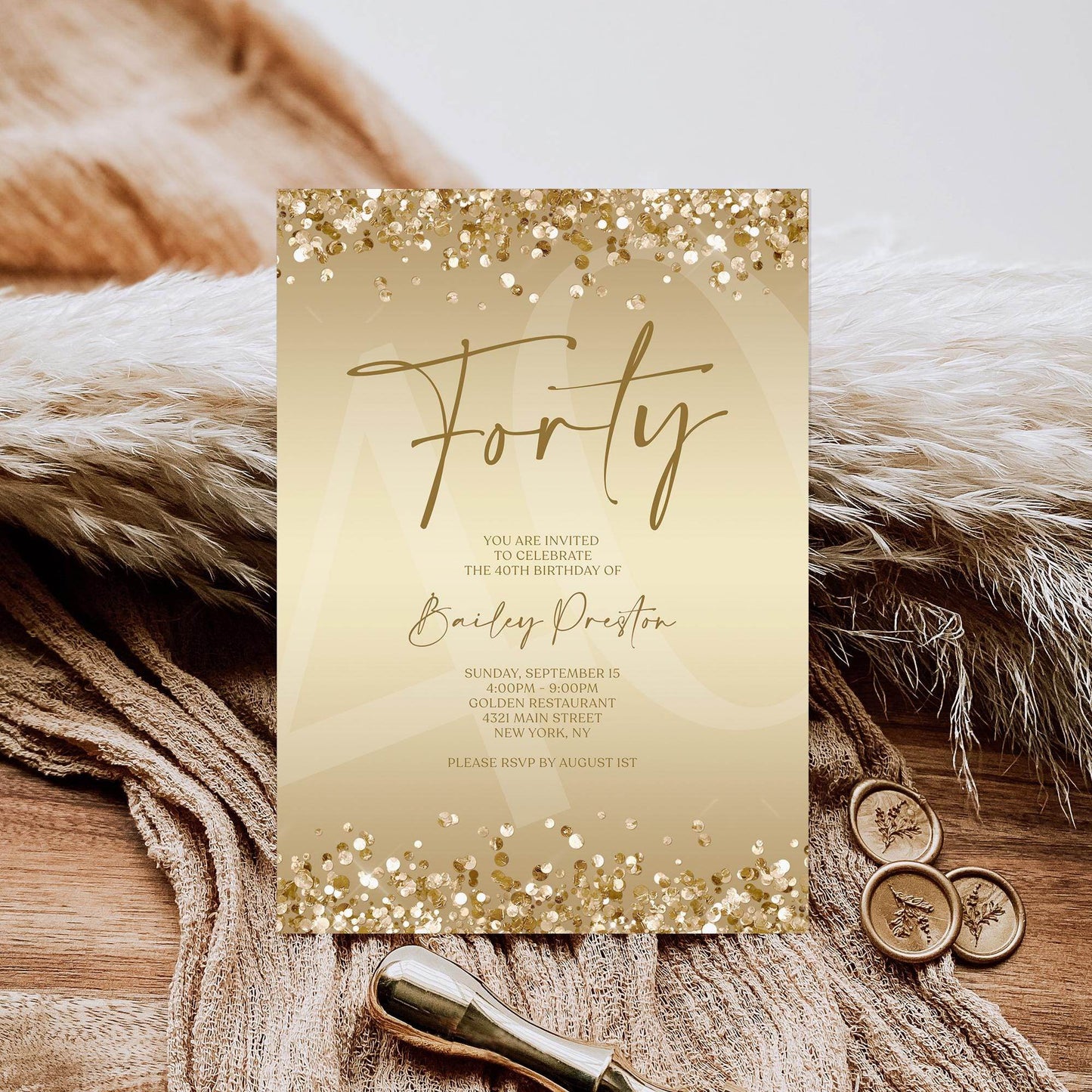 Gold 40th Birthday Invitation Template, Editable Forty Party Printable Invite, Ladies Surprise Birthday Evite, Text Message Digital Download