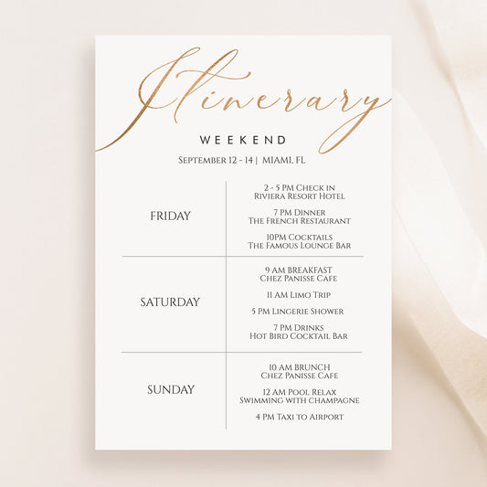 Gold Elegant Itinerary Template | Printable & Editable Weekend Schedule | Hens Party, Bachelorette, Birthday Weekend Planner | Instant Download