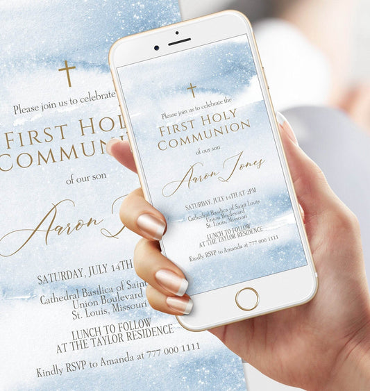 Boy First Communion Electronic Invitation, Blue Watercolor Digital Template, Editable First Holy Communion Evite, Phone Text Message Invite