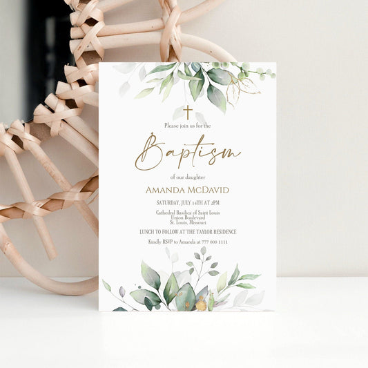 Greenery Baptism Invitation | Printable Gold Foil Watercolor Invite | Boy or Girl Christening Template | Editable Corjl Baptism Download