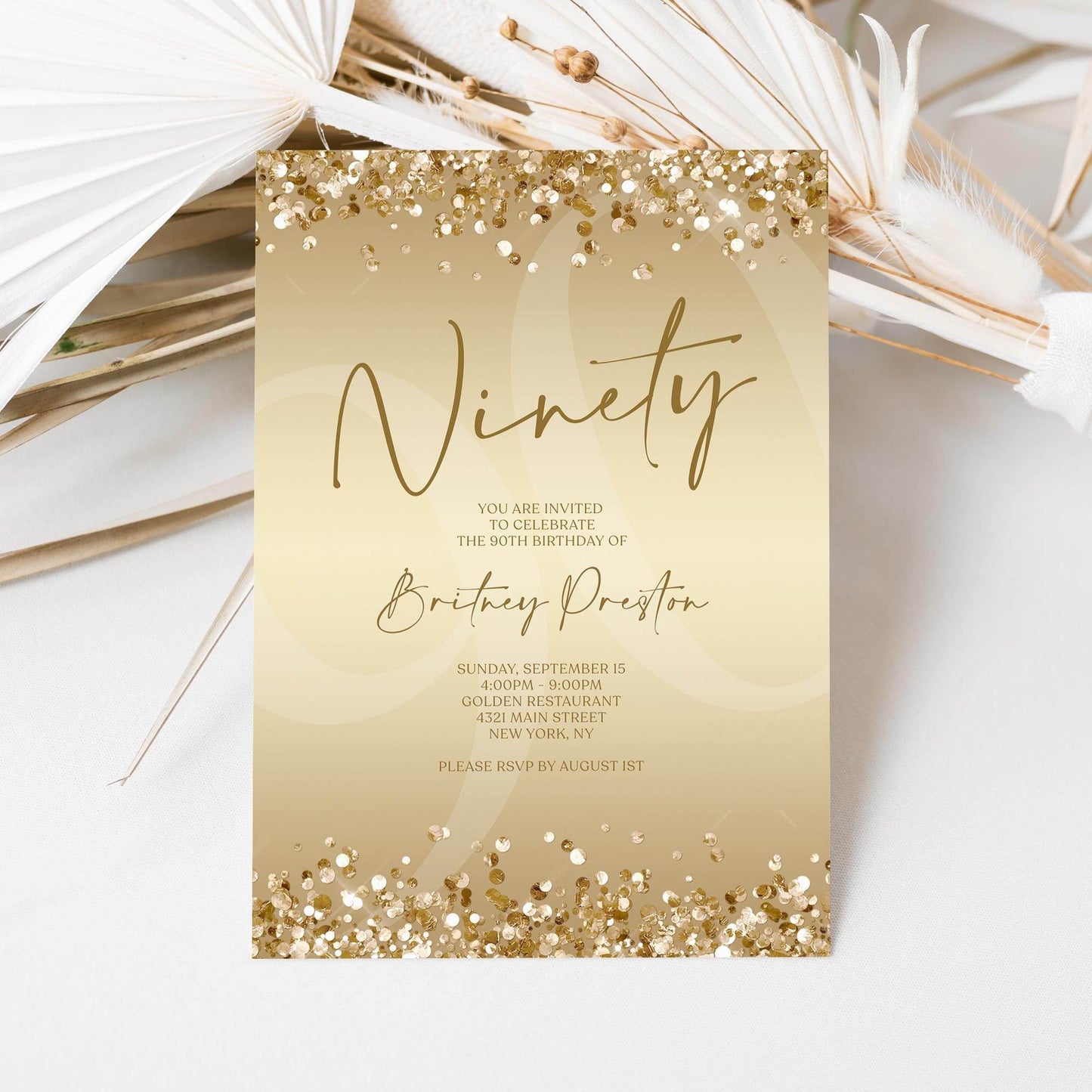 Gold Ninety 90th Invitation Template Printable, Editable Gold Confetti 90th Birthday Invite, Email Text Message, Ladies Surprise Party Card
