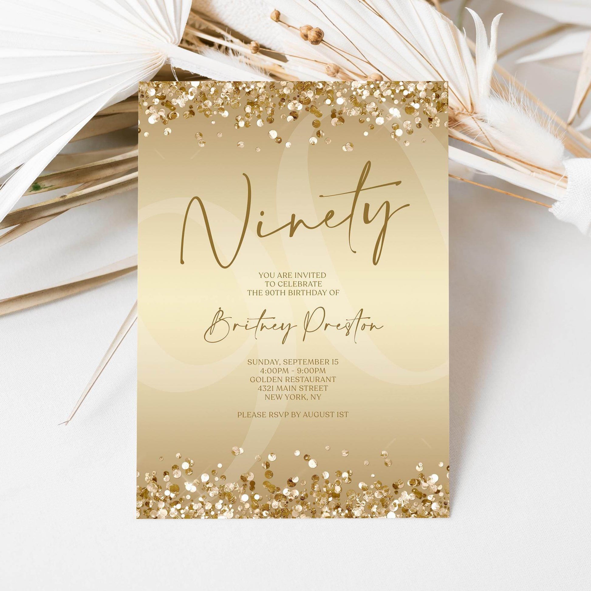 Gold Ninety 90th Invitation Template Printable, Editable Gold Confetti 90th Birthday Invite, Email Text Message, Ladies Surprise Party Card