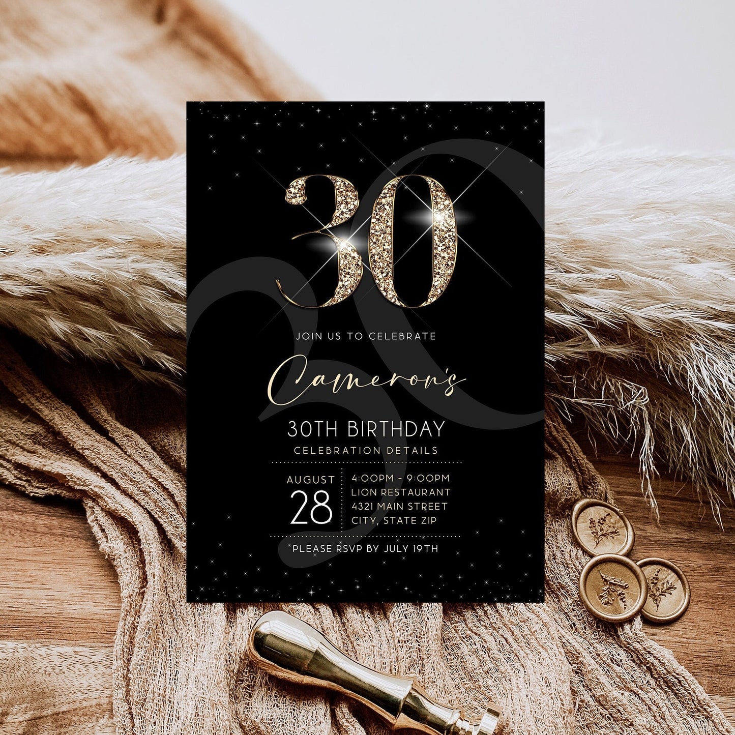 Black Gold Luxury 30th Thirty Birthday Invitation Template, Printable Men's Invite, Editable Invitation, Elegant Invite, Email Text Message