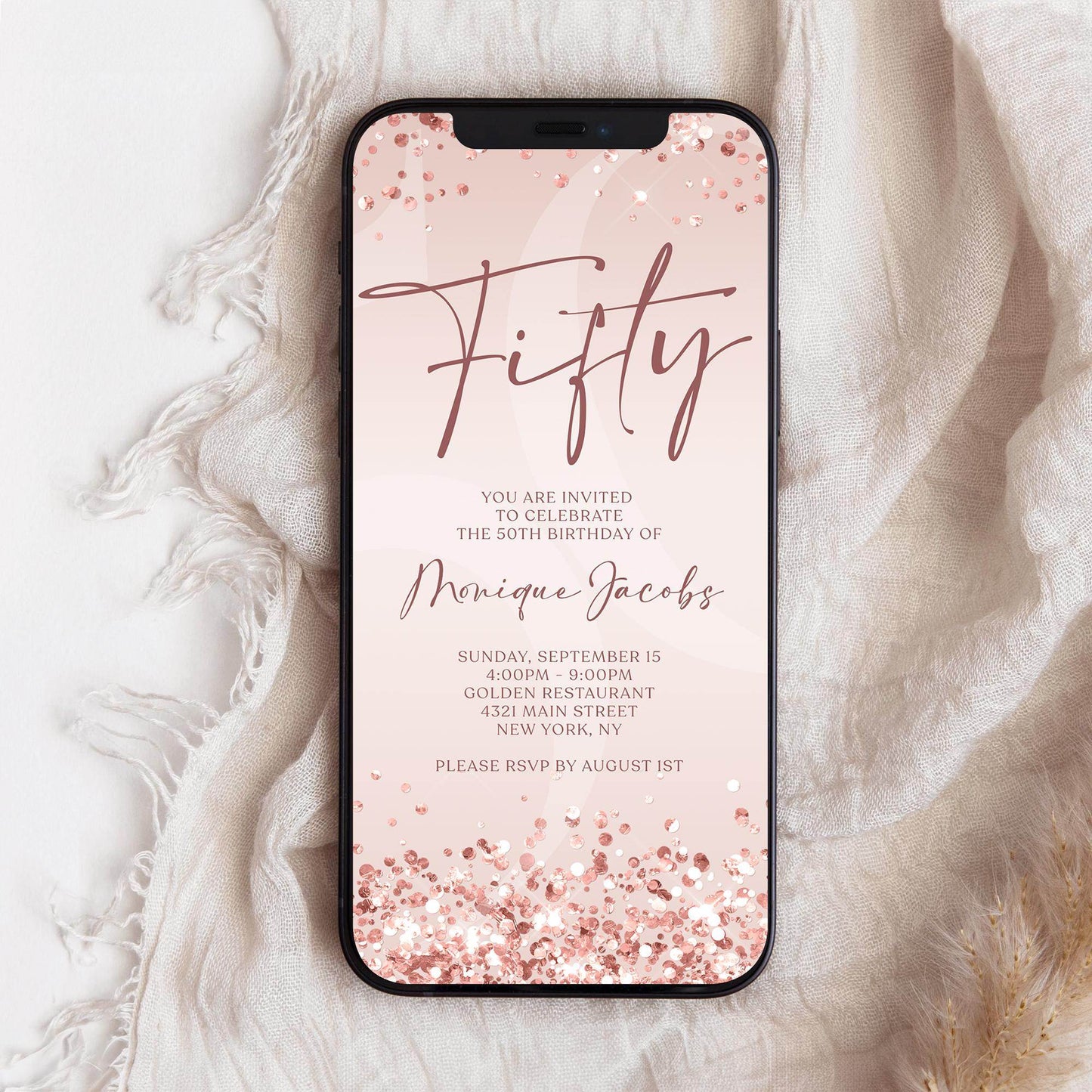 Rose Gold Fifty 50th Invite Digital Template, Electronic Pink Birthday Evite, Digital Rose Gold Invitation, Editable Text Message Invite